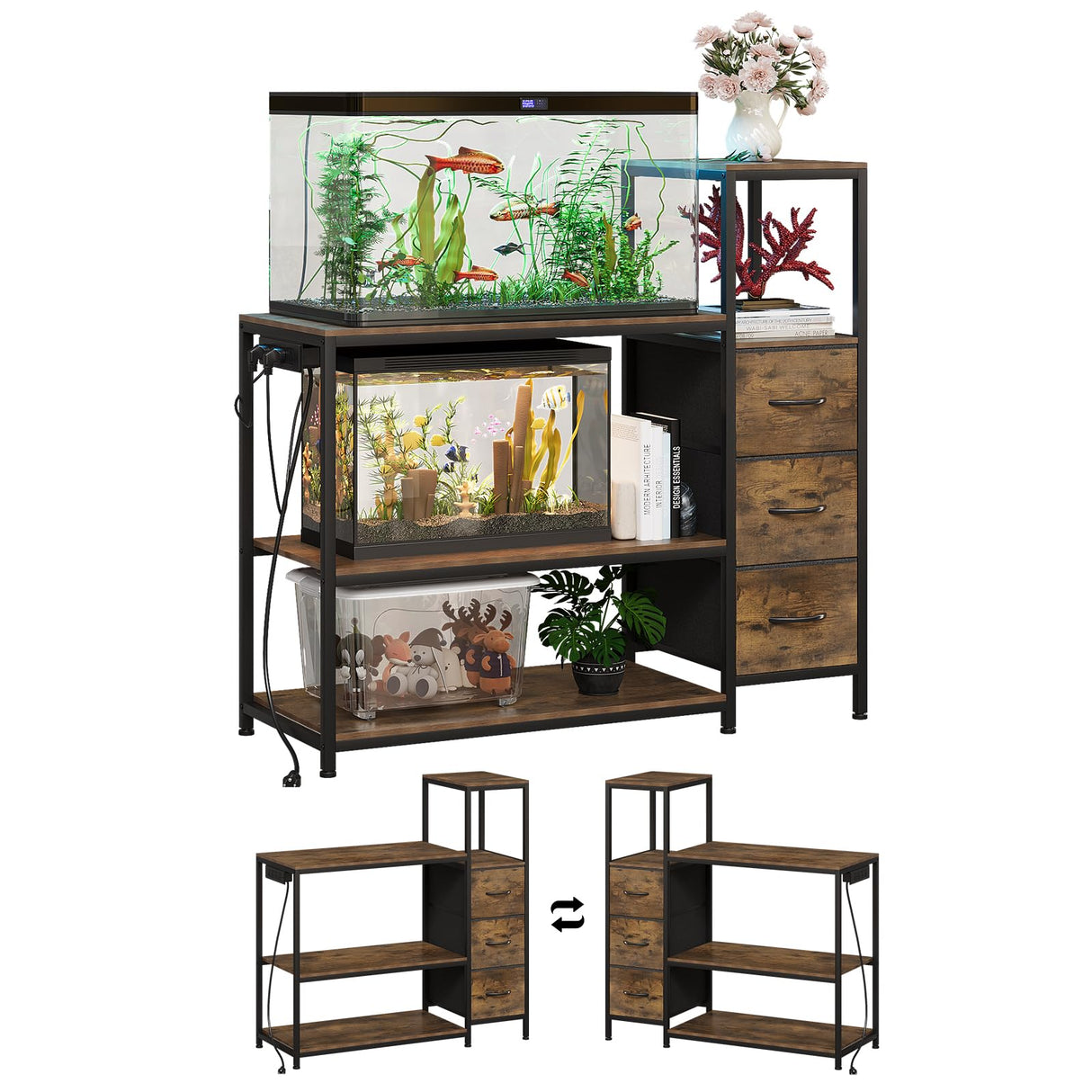 Welfuturer 20 Gallon Aquarium Stand with Power Outlets Fish Tank Stand with 3 Drawers Metal Frame Heavy Duty Reptile Tank Stand with 3-Tier Storage Shelves,Left/Right Assembly, Adjustment Height Welfuturer