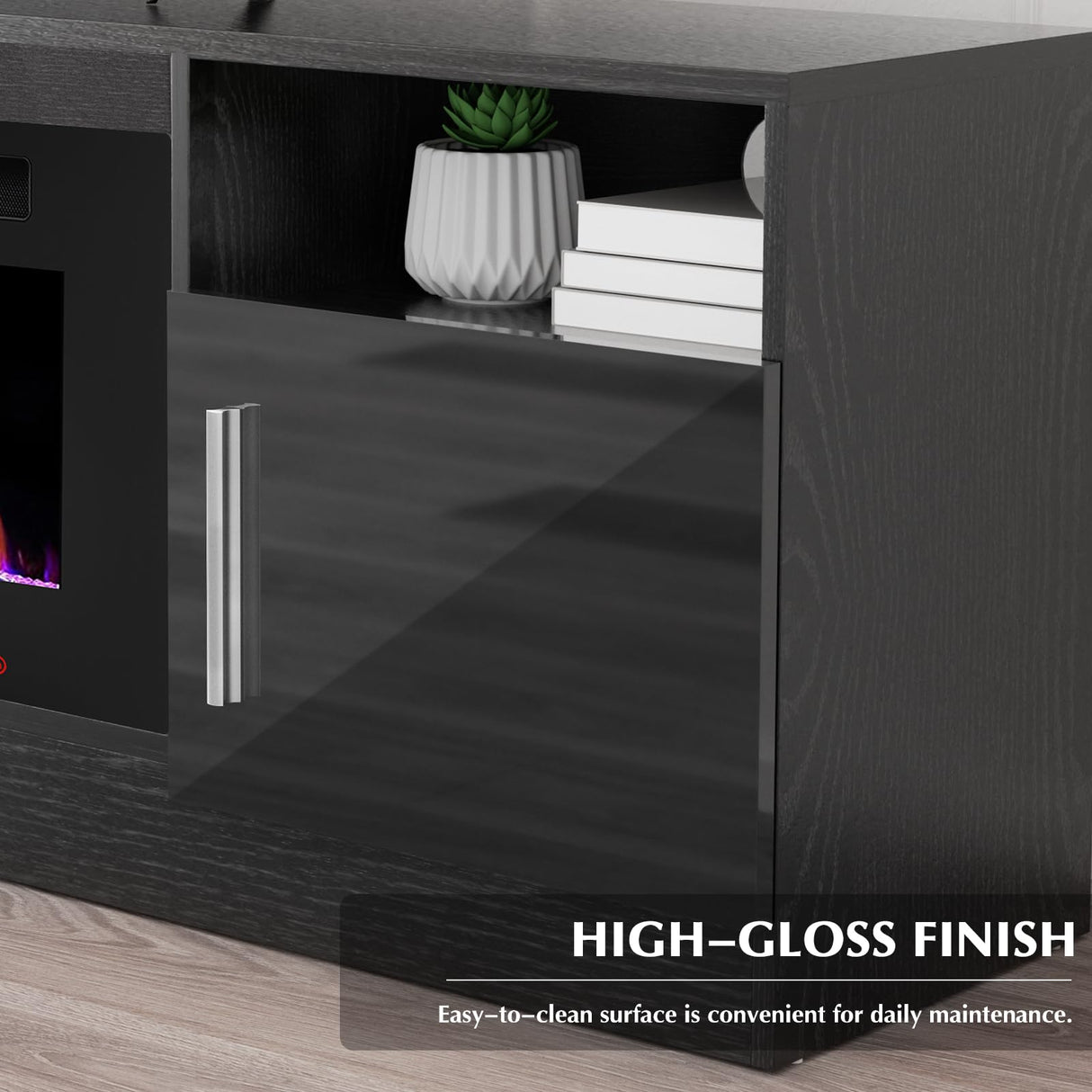 LEMBERI Fireplace tv Stand with 36 inch Fireplace Up to 80" TVs,LED Light Entertainment Center and Storage, 70" Modern Wood Media TV Console with Highlight Cabinet for Living Room (Black) LEMBERI