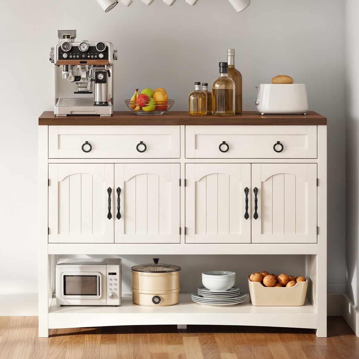 DWVO 47.2" Buffet Sideboard Cabinet with Storage, Farmhouse Coffee Bar Cabinet w/2 Drawers, Wood 4-Doors Console Table with Adjustable Shelves for Kitchen, Dining Room, Living Room, Entryway (White) DWVO