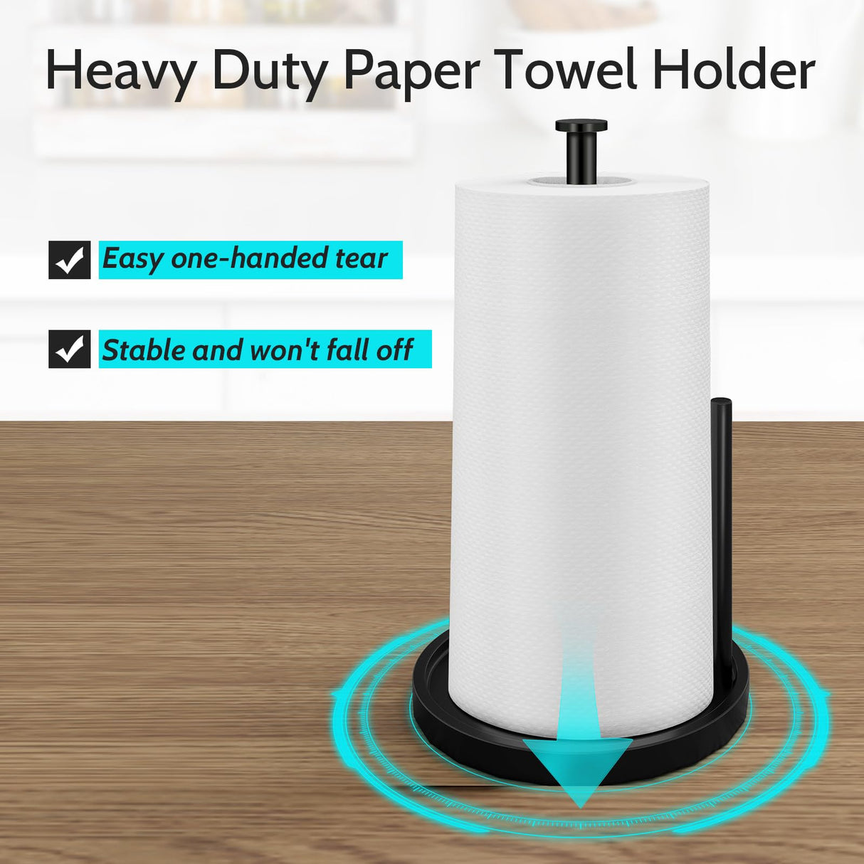Paper Towel Holder Countertop, Standing Paper Roll Holder with Anti Slip Weighted Base, Stainless Steel Freestanding Paper Towel Holder for Kitchen, Black STWWO