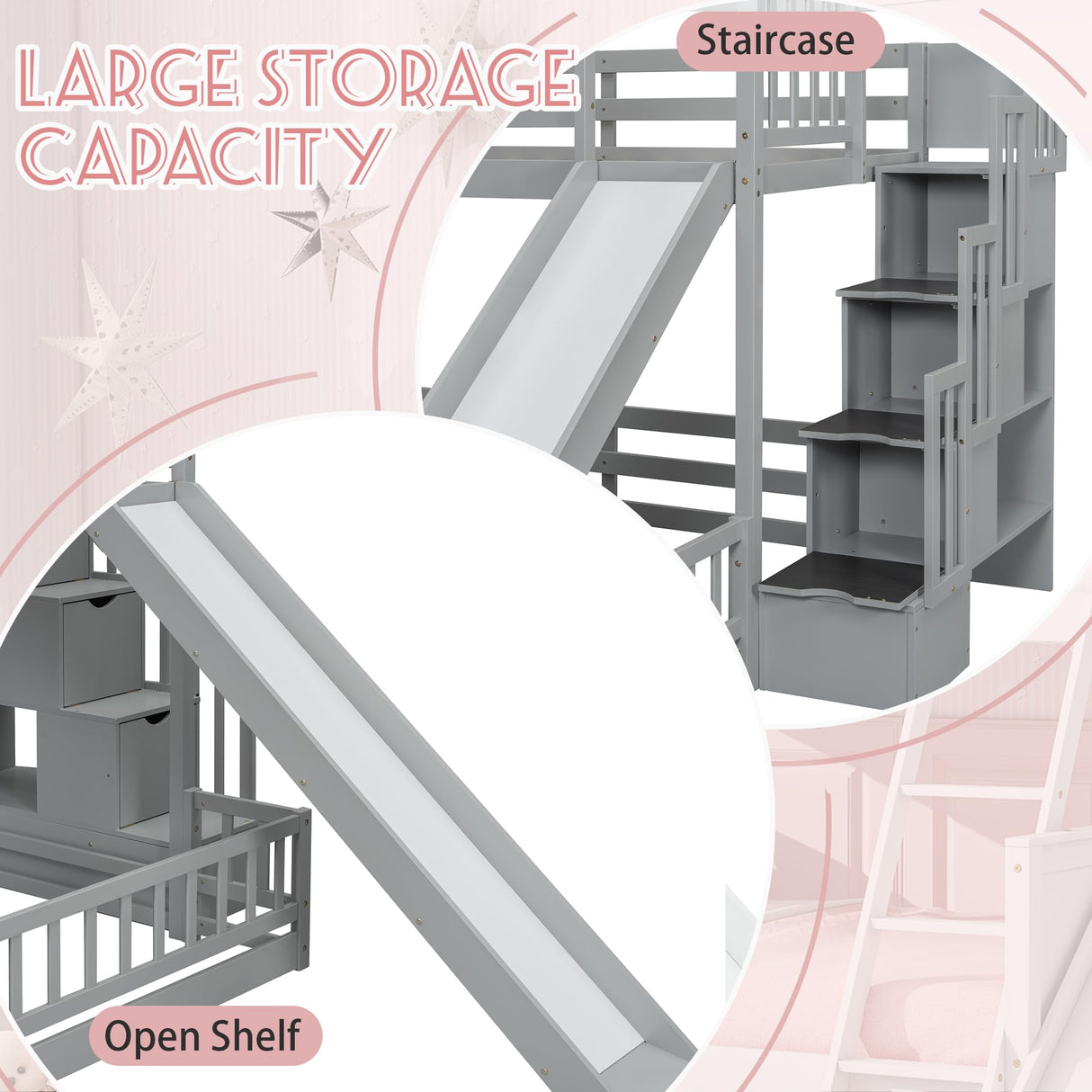 Duxelifin Twin Over Full Bunk Beds with Slide and Stairs, Low Bunk Bed Frame with Rails, Convertible Wood Bunk Bed with Storage Staircase for Kids Boys Girls, Gray Duxelifin