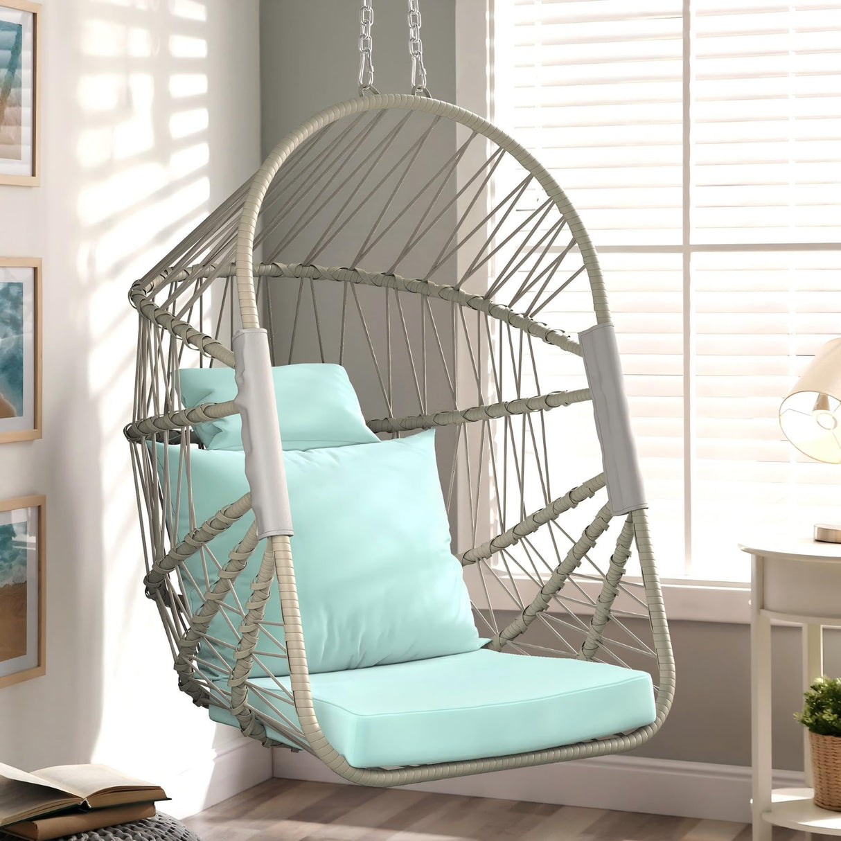 YITAHOME Hanging Egg Chair Without Stand, Rattan Wicker Swing Egg Chair with Resistant Cushion, 350lbs Capacity, Foldable Hanging Basket Chair for Porch, Garden, Bedroom, Balcony - Sky Blue YITAHOME