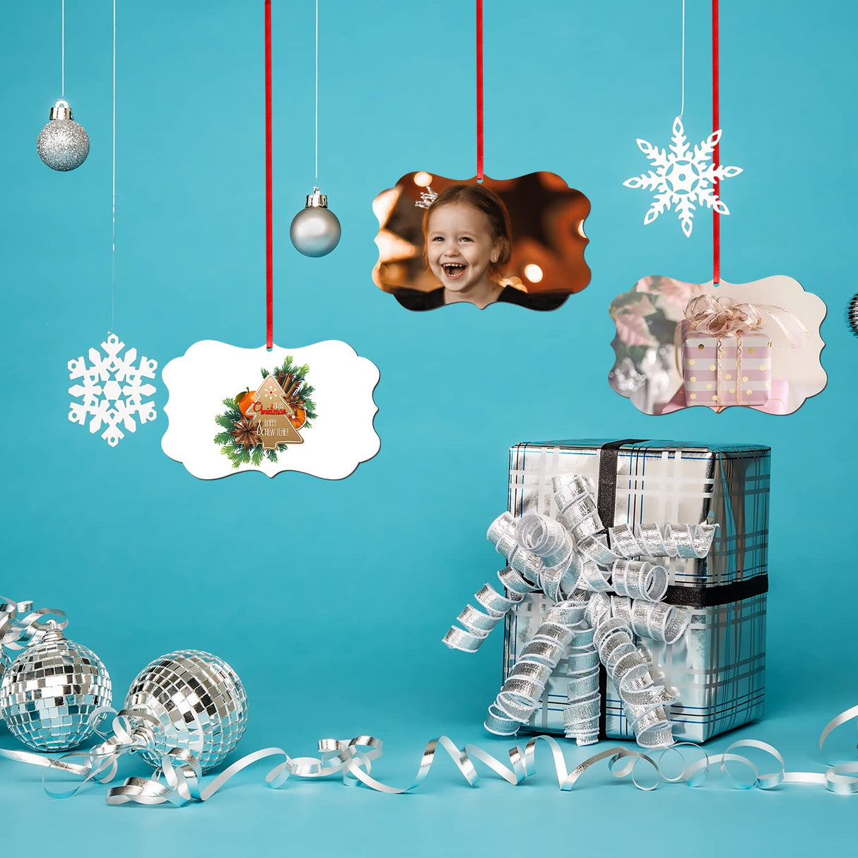 SAVITA 15pcs Sublimation Blank Pendants, MDF Personalized Sublimation Pendant with Red Hanging Ribbons Blank Discs Halloween Christmas Ornaments DIY Creation Supplies SAVITA