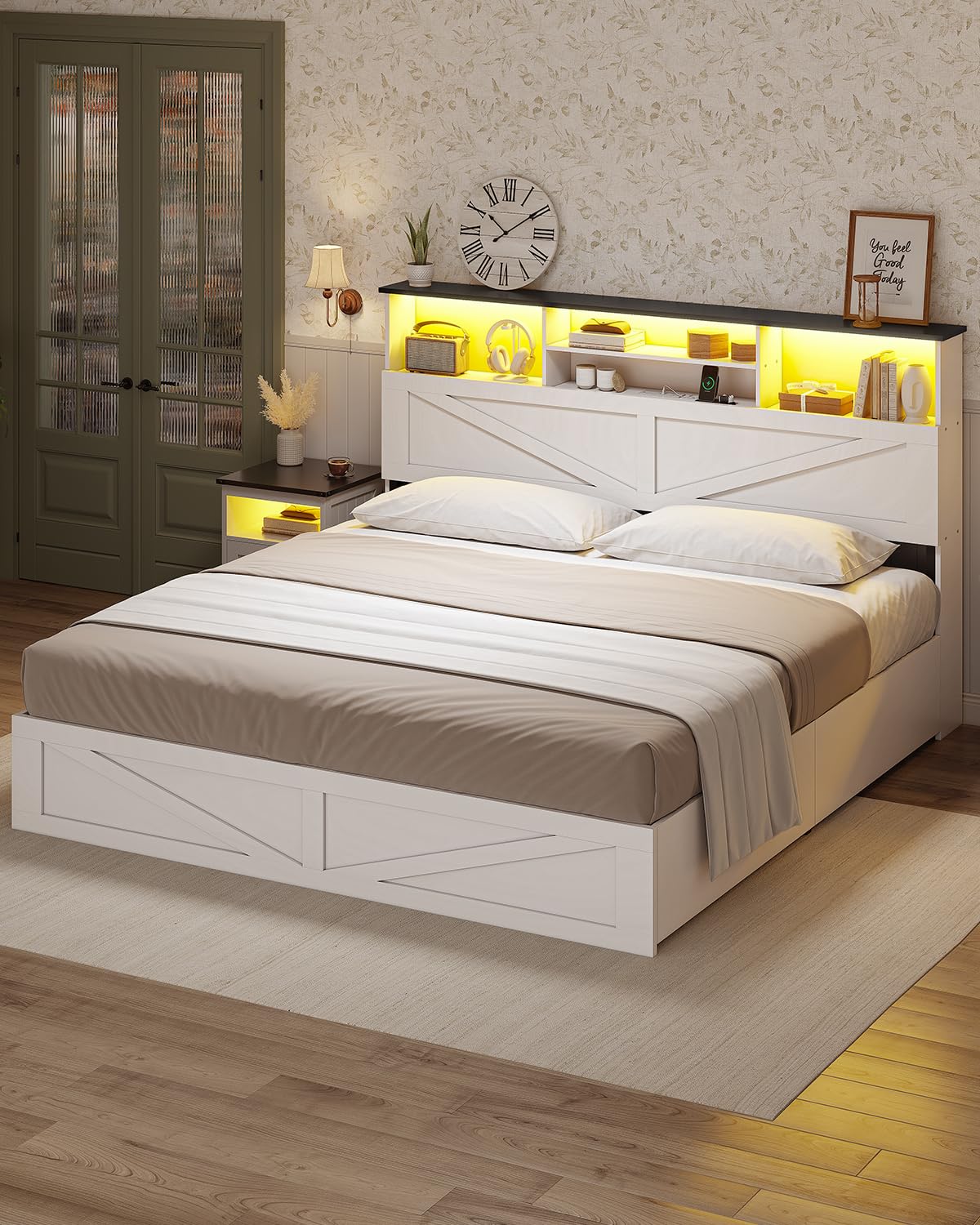 AOGLLATI Farmhouse King Bed Frame Bed Frame with 4 Storage Drawers and Led Lights, Wooden King Bed with Hidden Space Bookcase Headboard and Led Lights, White AOGLLATI