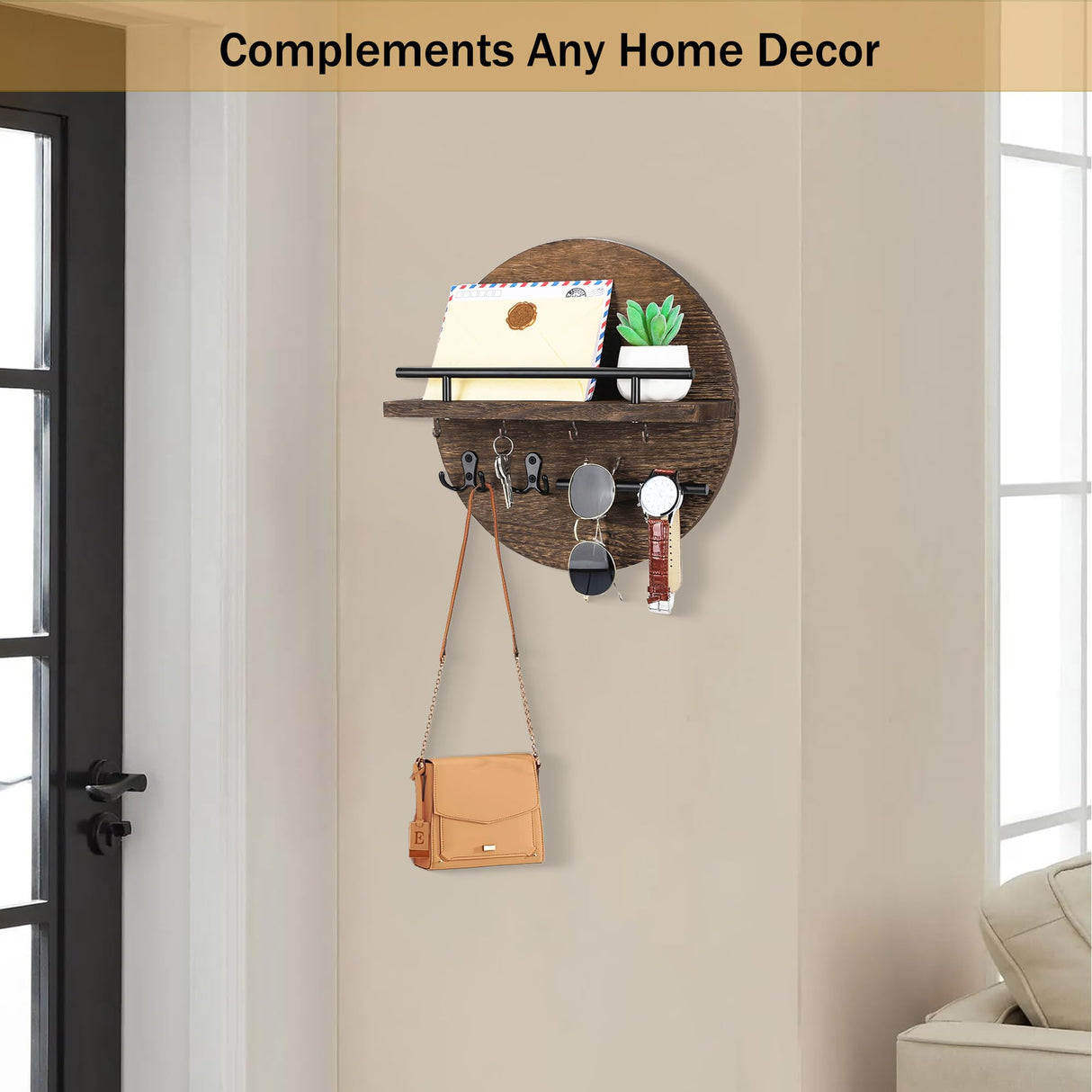 Key Holder for Wall Decorative with Shelf and Hooks, Unique Mail Organizer Wall Mount with Sunglasses Holder, Cute Circular Design Entryway Key Rack Hanger, Rustic Home Decor Boho Wall Decor dreampossible