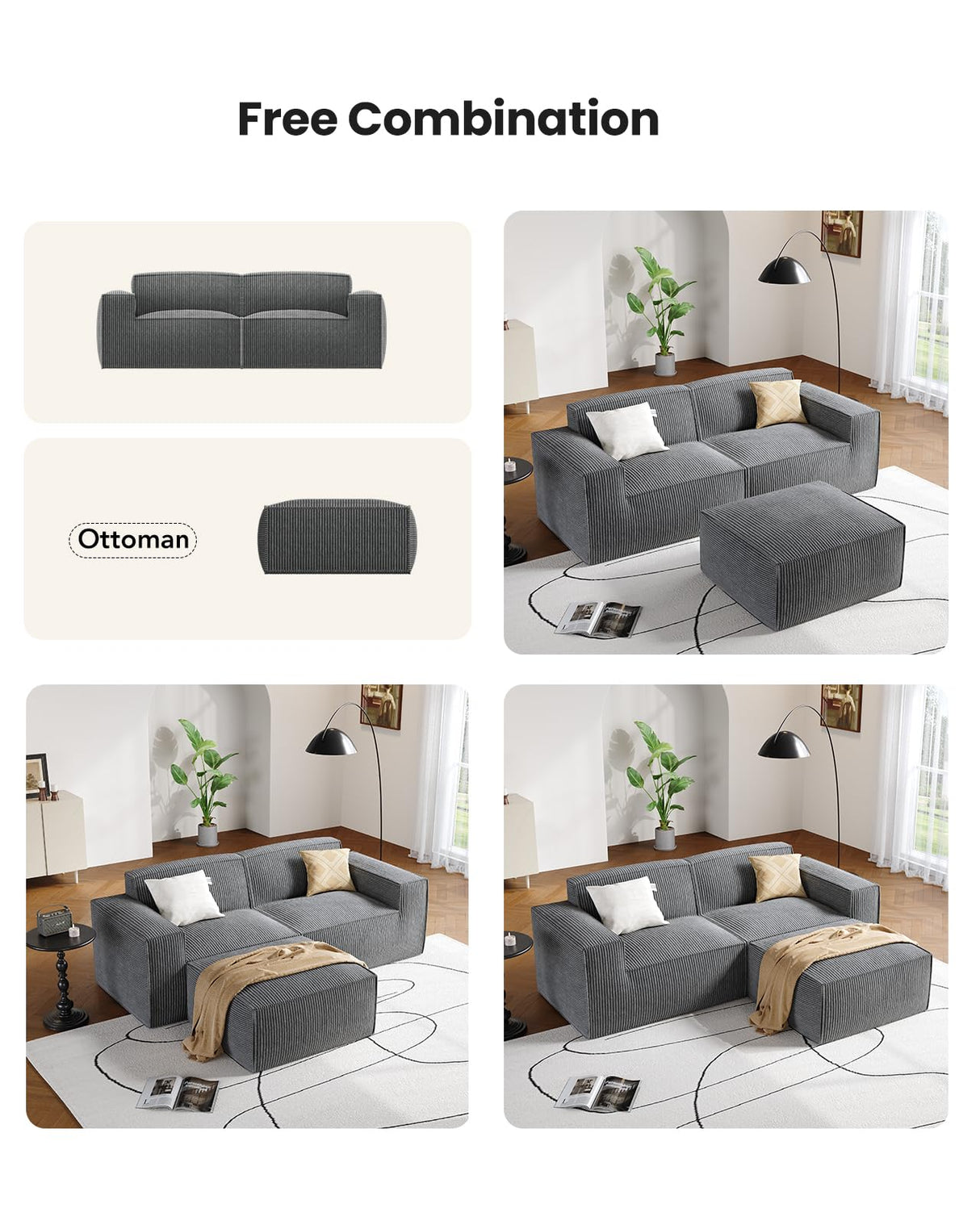 Amada 80" L Shaped Sofa Modular, Corduroy Clopud Couches with Deep Seats &High-Back, Upholstered Couches for Living Room Bedroom with Ottoman, No Assembly Required(2-Seater&1 Ottoman,Grey) AMADA HOMEFURNISHING