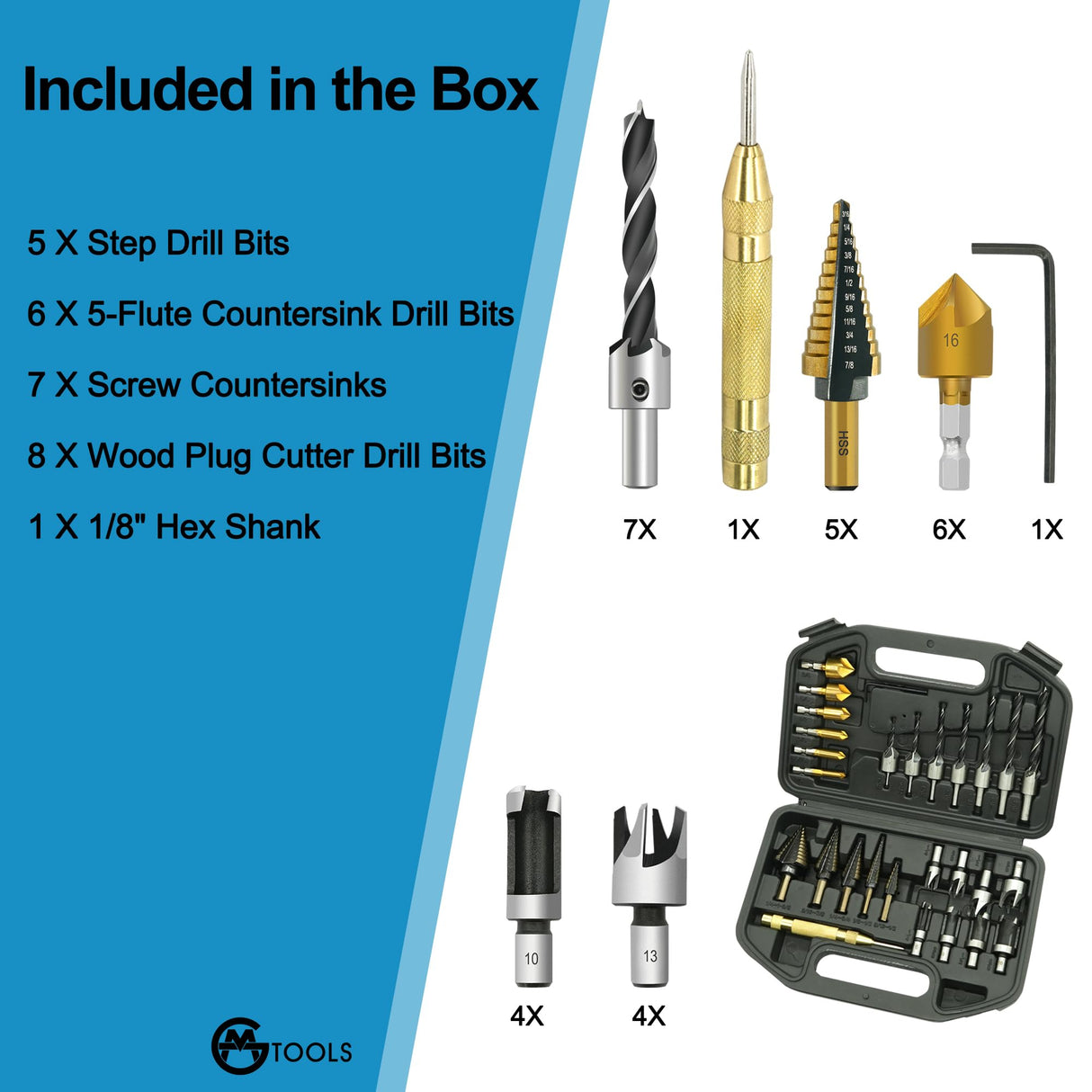 GMTOOLS 28Pcs Woodworking Chamfer Drilling Tools-Countersink Bit, Step Drill Bit Set, Wood Plug Cutter Drill Bit Set (2 Styles), 5-Flute Countersink Drill Bit, Positioning Punch and 1pc Hex Wrench GMTOOLS