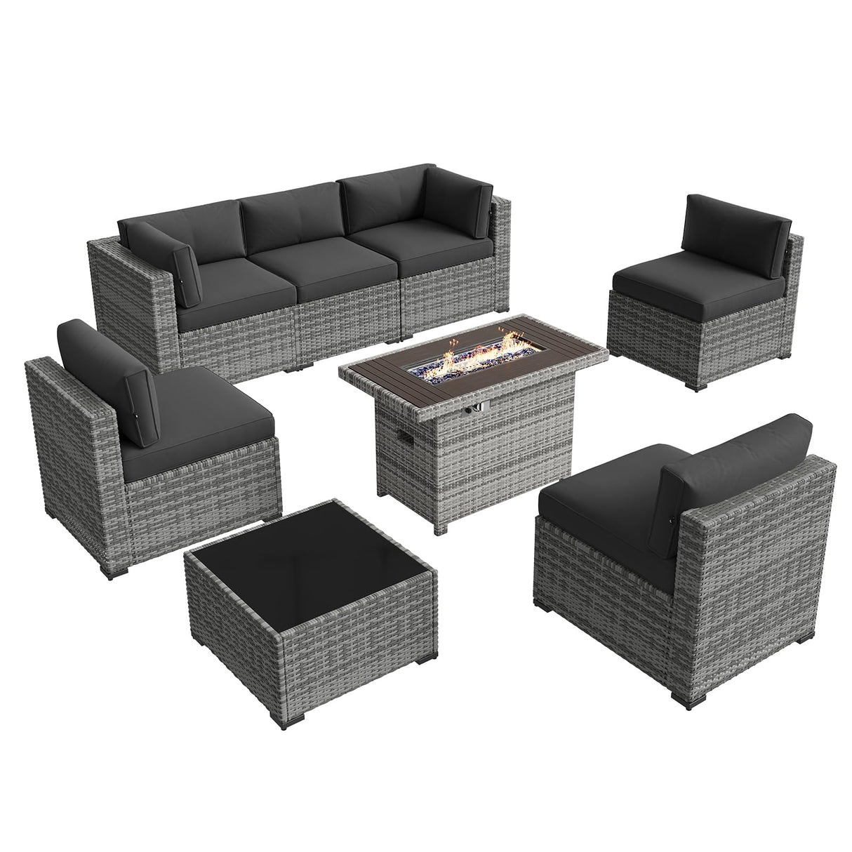 Aoxun Patio Furniture Sets, 8-Piece Outdoor Patio Furniture with 44'' Propane Gas Firepit Table, Wicker Outdoor Conversation Set Sectional Sofa for Backyard, Poolside, Garden Aoxun