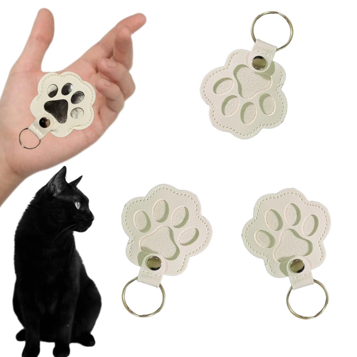 3PCS Cats & Dogs Pet Paw Print Keychain – White Leather Memorial Keychain Holds Pet Fur, Pet Lover Gift (2.36” x 2.17”) (White) Tileafry