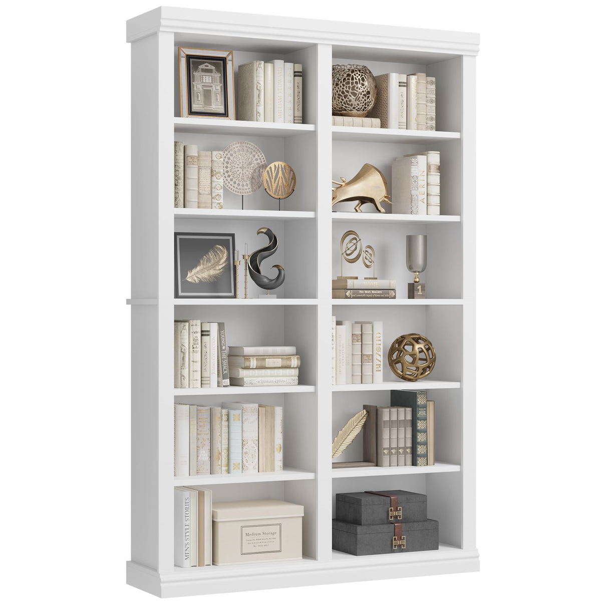 Garvee 74.5" Tall Bookshelf with Double Storage, 6-Tier Large Bookshelf, Double Wide Bookshelves w/ 12 Cubbies, Wide Freestanding Bookcases for Livingroom Office Library (White, 74.5"H*46.1"W*12.4"D) Garvee