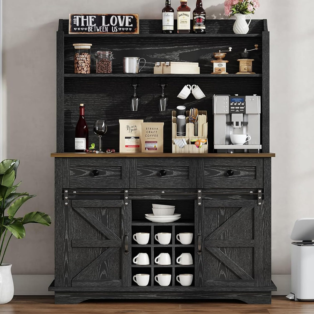 REVOMINCA 63 Inch Tall Coffee Bar Cabinet with 3-Tier, Kitchen Hutch with 3 Large Drawers, Farmhouse Coffee Bar with 9 Wine Racks & 3 Glass Holders, Wine Storage Cabinet for Living Dining Room, Black REVOMINCA