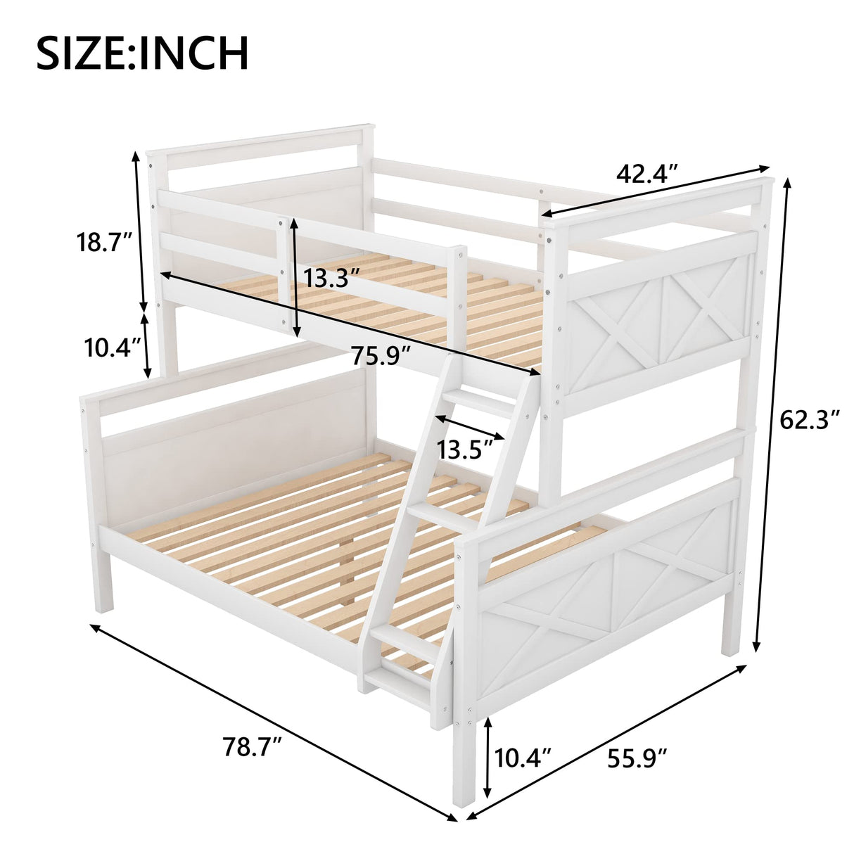 Bellemave White Twin Over Full Solid Wood Bunk Bed with Ladder and Guardrails Bellemave