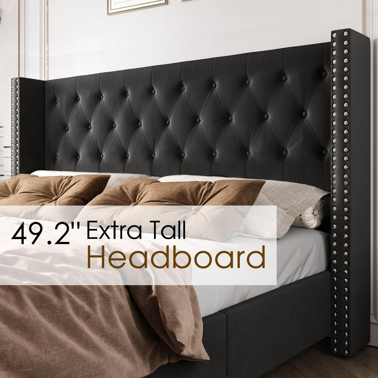 PaPaJet Upholstered Queen Bed Frame with Tall Headboard, Wingback Platform Bed, Low Profile Velvet Tufted Button, No Box Spring Needed, Easy Assembly, Black PaPaJet