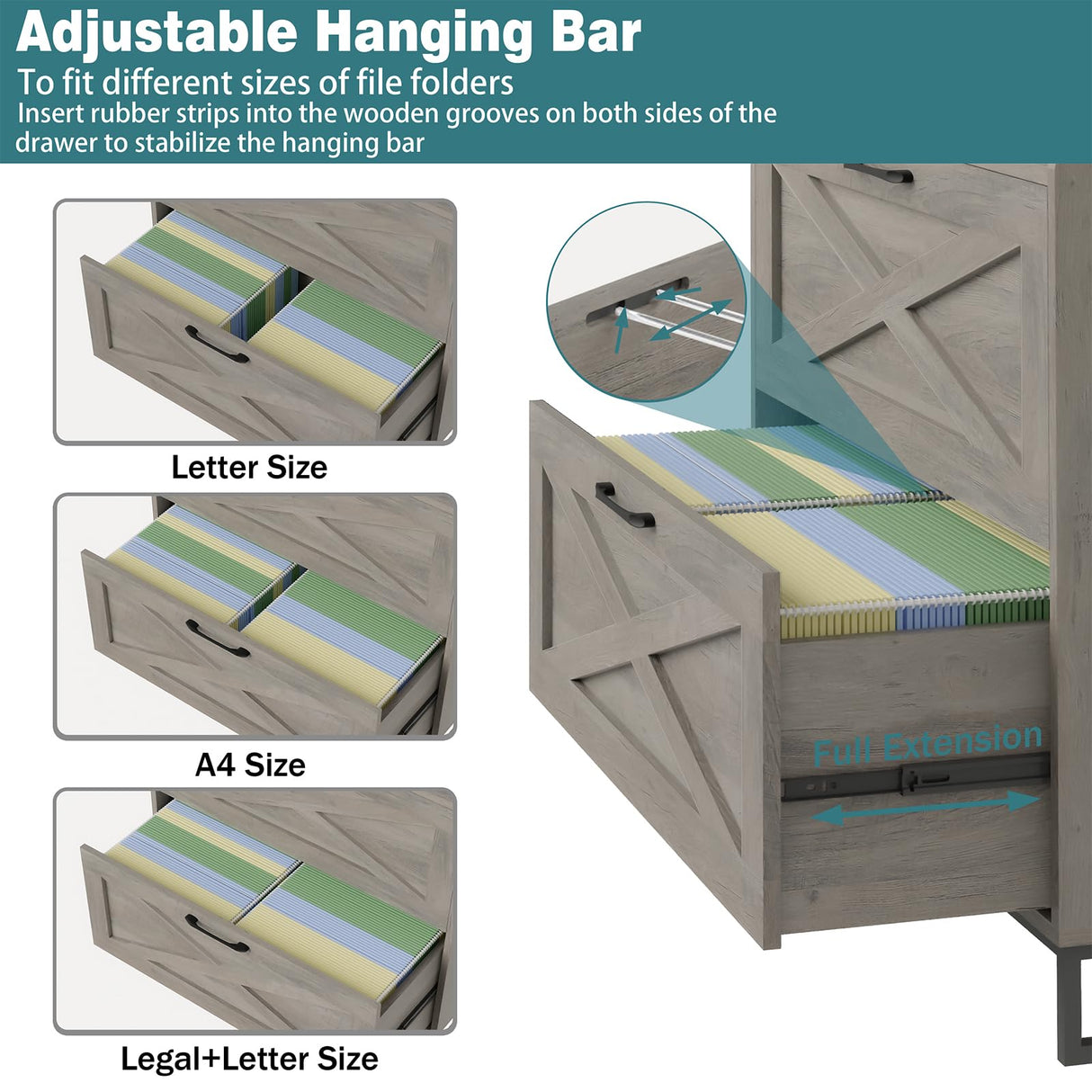 Lateral File Cabinet 2 Drawer File Cabinet with Charging Station for Legal/Letter/A4 Size Hanging Files, Modern Farmhouse Large Wood File Storage Cabinet for Home Office Furniture(Washed Gray) Vabches