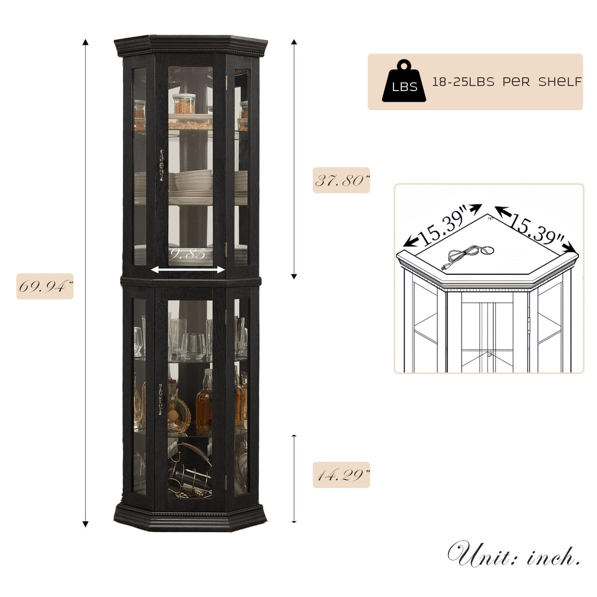 Eyisean Lighted Corner Curio Cabinet 70" Glass Display Cage with 6 Tempered Adjustable Shelves, Freestanding Home Bar Cabinet with Door, Rack for Liquor Storage and Living Room (Black) Eyisean