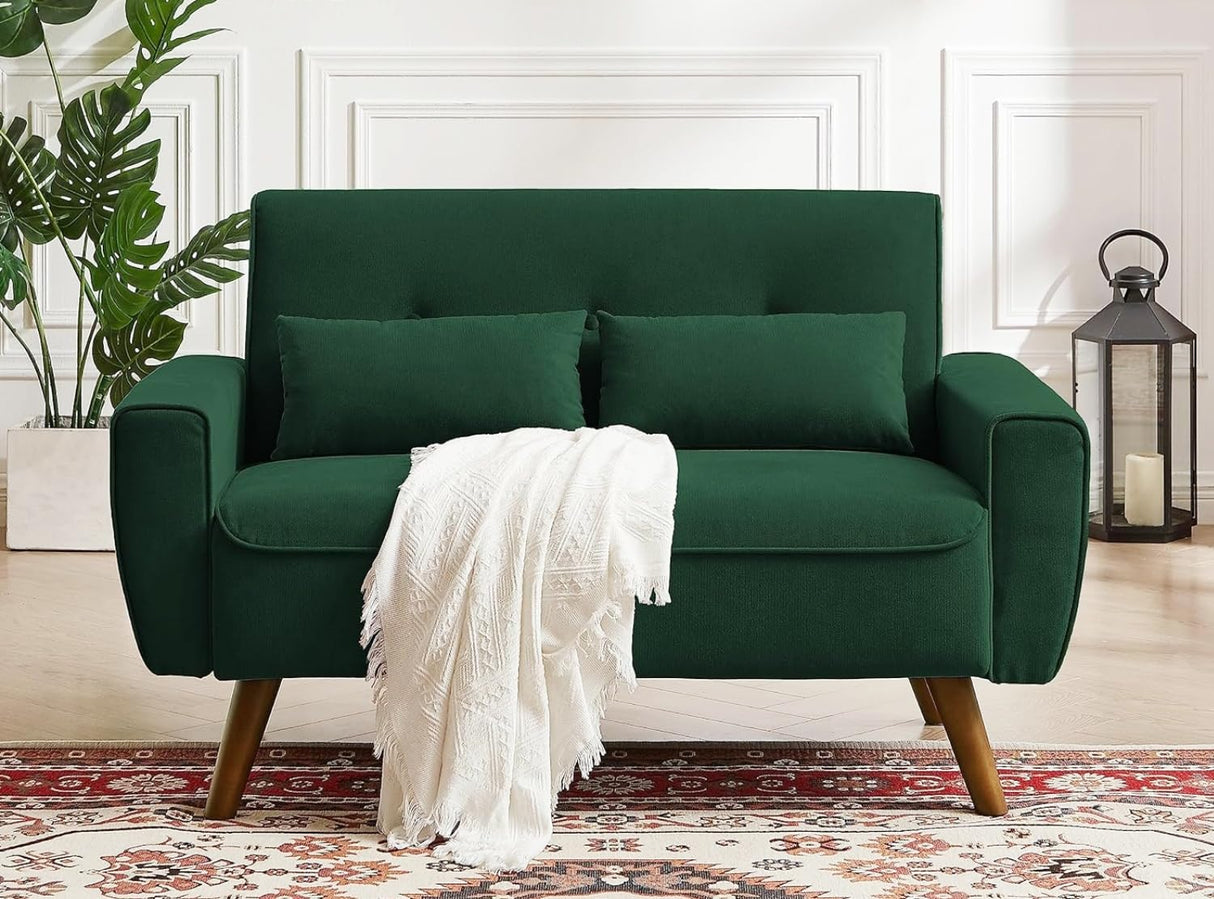 Jarenie 48" Loveseat Sofa, 2 Seater Love Seat Mid Century Modern Small Couches for Living Room Bedroom Apartment, 2 Throw Pillows and Wooden Legs, Green Jarenie