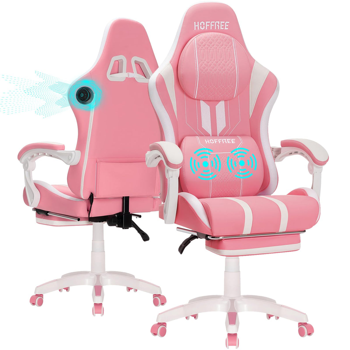 HOFFREE Pink Gaming Chair Massage with Speakers Bluetooth Cute Video Game Chair with Footrest Big and Tall Reclining Computer Game Chair for Girls HOFFREE