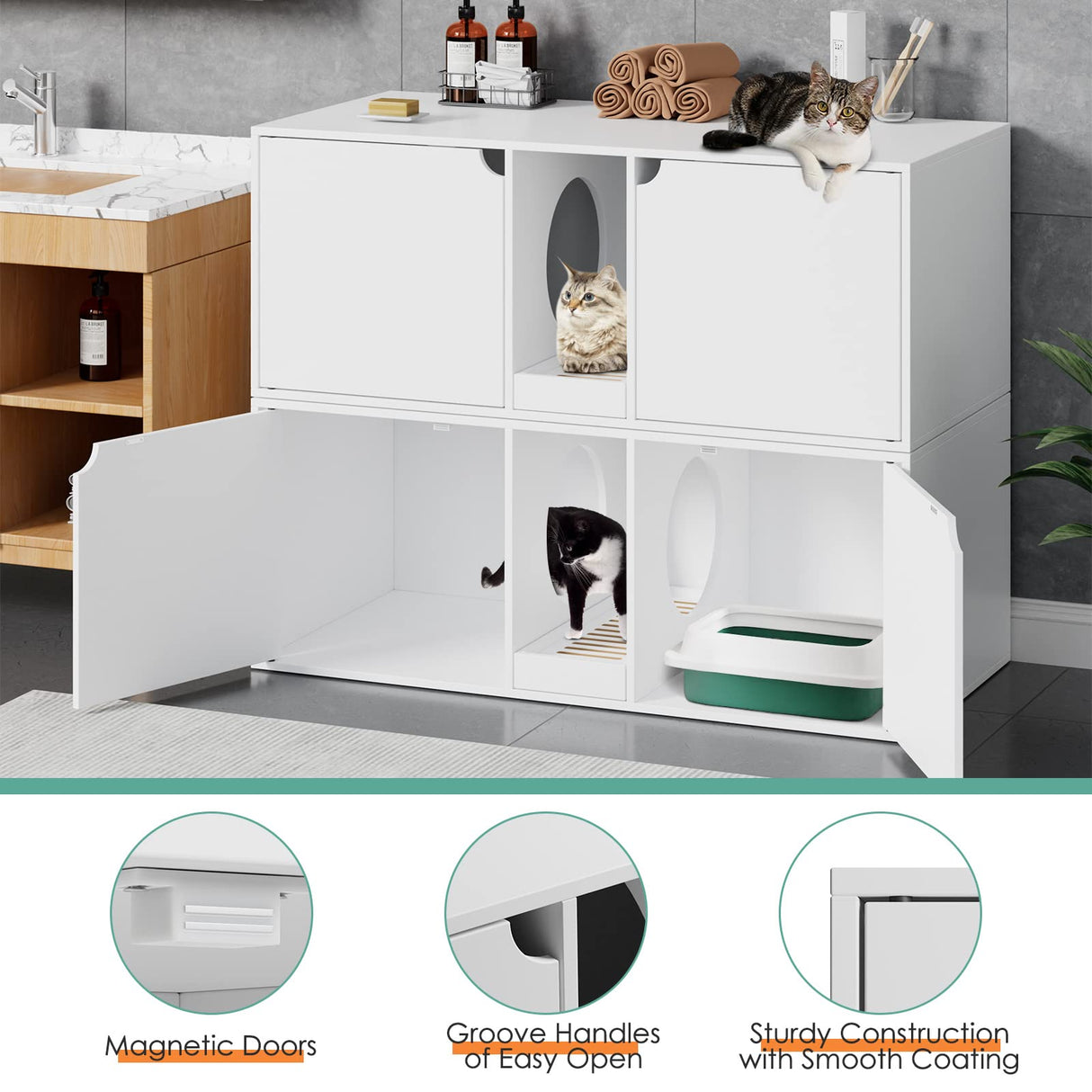 DAWNSPACES Cat Litter Box Enclosure for 2 Cats, Modern Wood Stackable Large Cat Washroom Storage Cabinet Bench End Table Furniture,with Removable Litter Box, White DAWNSPACES