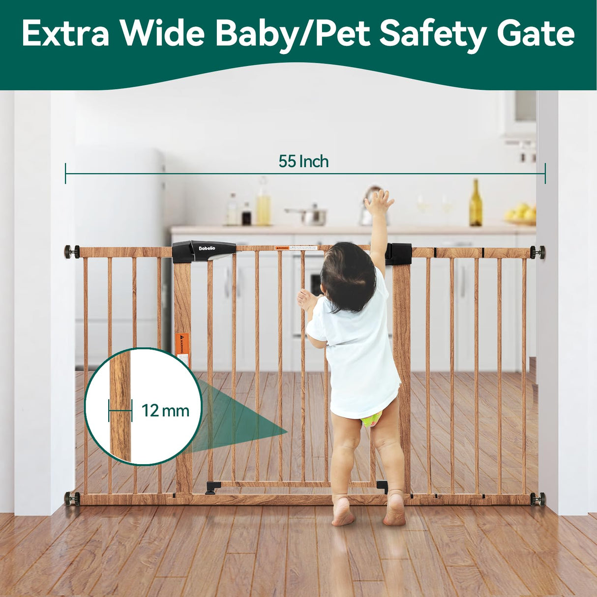 BABELIO 29-55" Extra Wide Baby Gate with Wood Pattern, Metal Auto Close Dog Gate,Pressure Mounted Pet Gate for Doorways, with Y Threaded Spindle Rods, No Tools Required BABELIO
