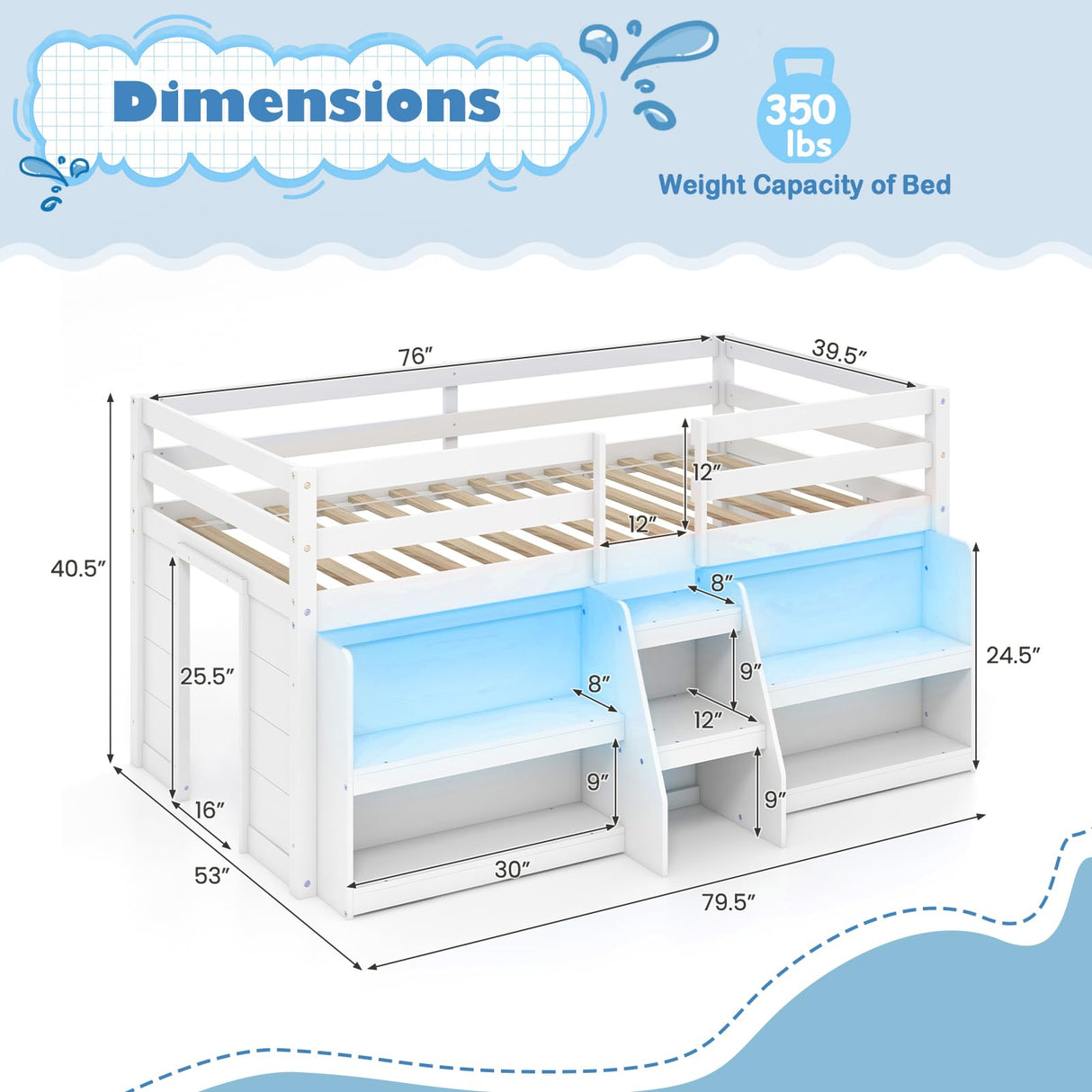 KOMFOTT Low Loft Bed with LED Light & 2 Bookcases, Wood Kids Twin Bed with Under-Bed Play Space, Stairs & Guardrails, No Box Spring Needed, Modern Low Loft Bed Frame, White KOMFOTT