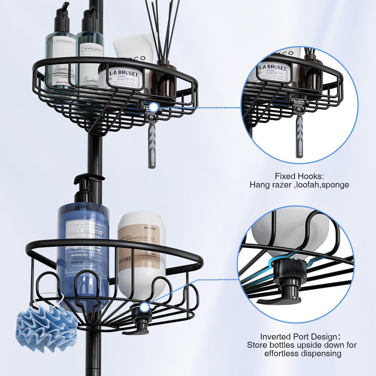 Corner Shower Caddy Tension Pole: Stainless Steel Rustproof 4-Tier Shower Organizer - 47-121 inch Adjustable Bathroom Shelves for Bathtub Shampoo Storage - Tension Rod Floor Standing Bath Rack - Black ESSEME