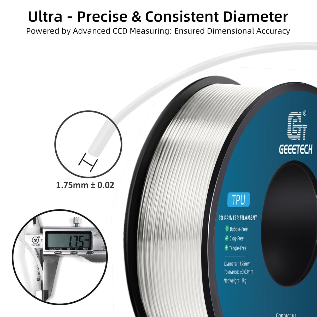 Geeetech TPU Filament 1.75mm, Shore 95A Flexible 3D Printer Filament with High Elasticity, 1KG (2.2lbs) Spool, Dimensional Accuracy ±0.03mm, Fits Most FDM Printers (Clear) Geeetech