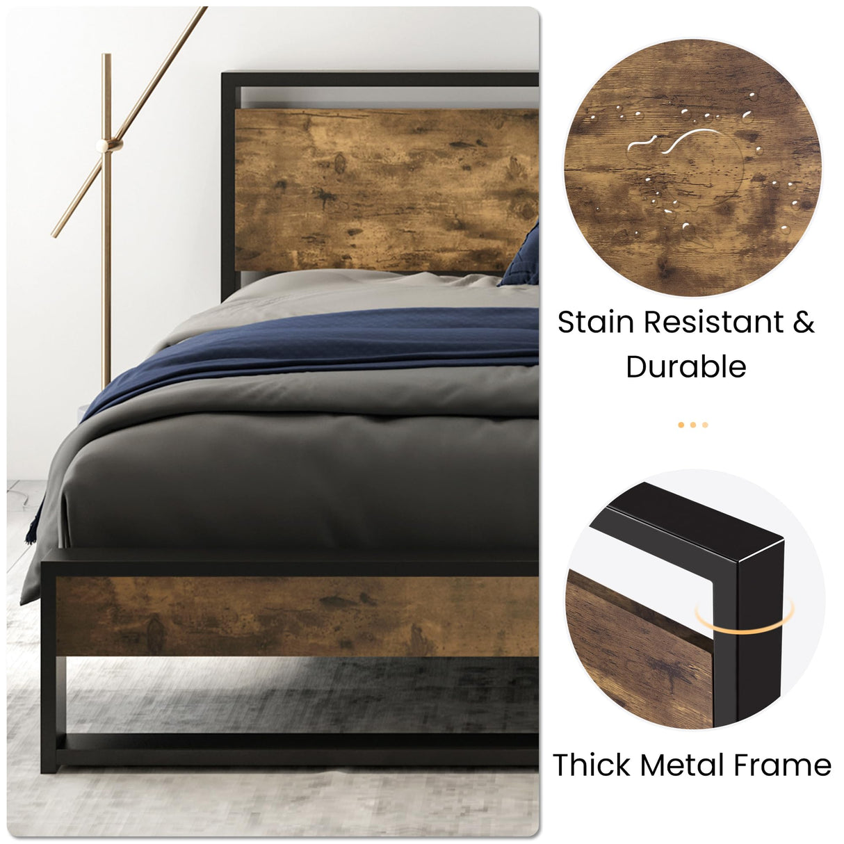 SHA CERLIN Queen Size Bed Frame with Wooden Headboard,Heavy Duty Metal Slats Support Platform,No Box Spring Needed,Rustic Brown SHA CERLIN