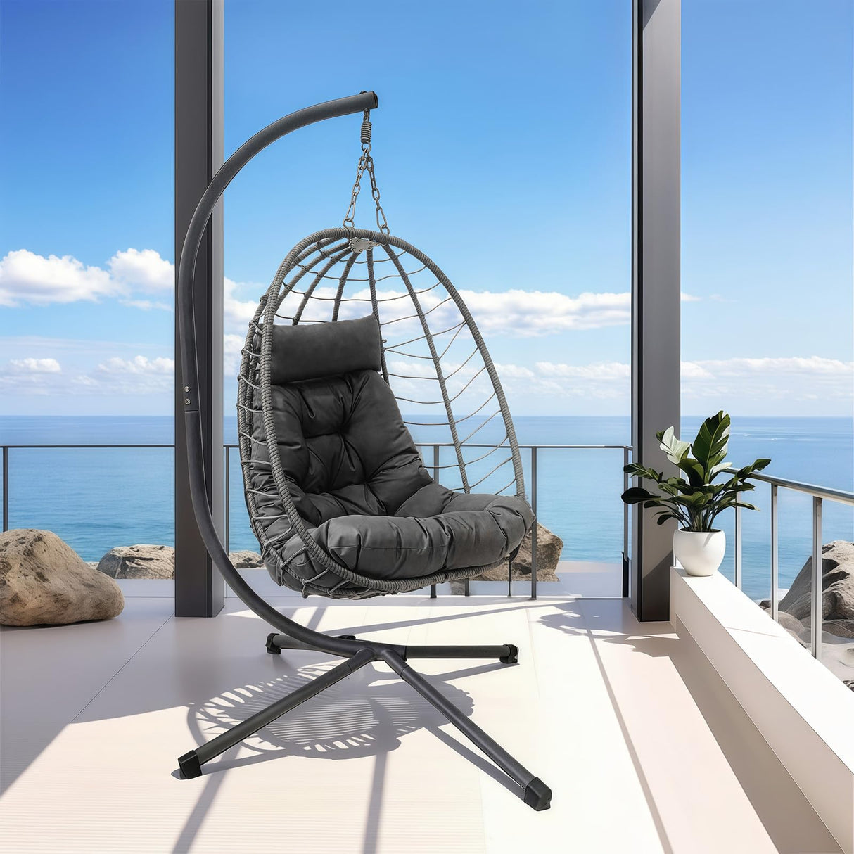 Hanging Egg Chair with Stand, Outdoor Patio Rattan Wicker Swing Egg Chair, Outdoor Indoor Hammock Chair for Porch, Living Room, Poolside and Balcony, 350LBS Capacity, Dark Grey XZHQHB