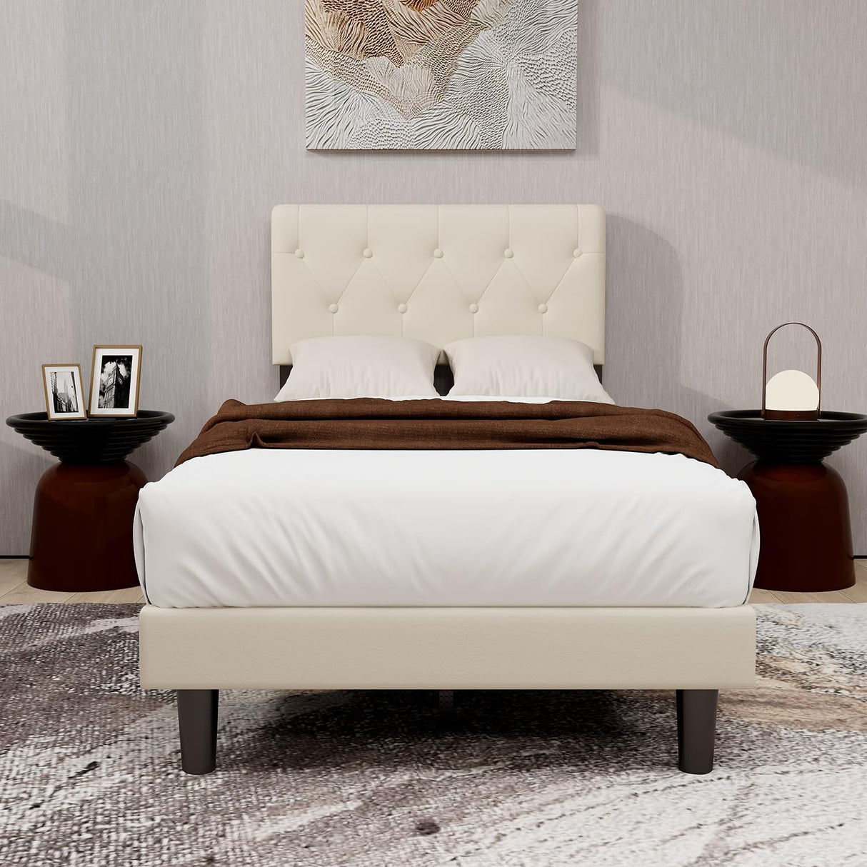 alazyhome Upholstered Platform Twin Size Bed Frame with Adjustable Button Tufting Headboard Wooden Slats Support No Noise Easy Assembly Beige Velvet alazyhome