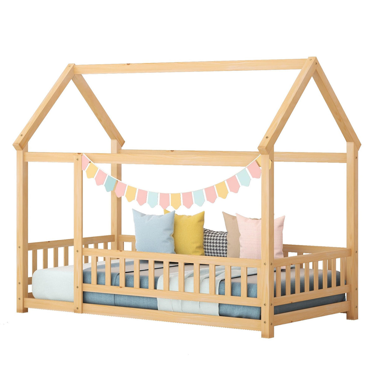 Bellemave Wooden Montessori Twin Size House Bed with Fence and Roof for Kids - Playhouse Frame in Natural Finish Bellemave