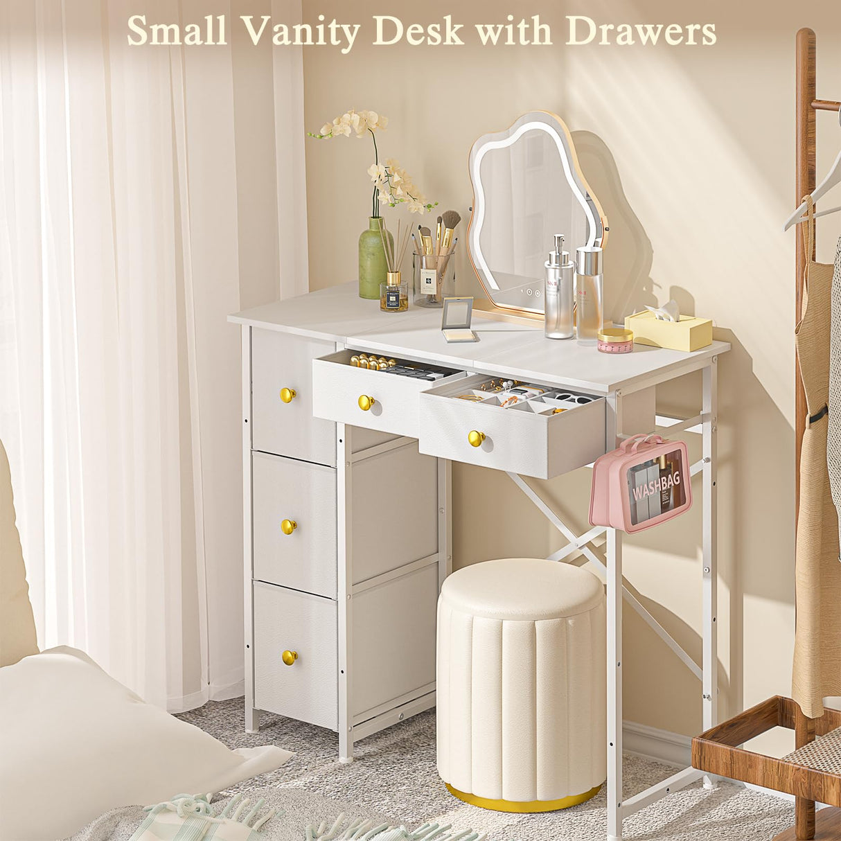 ThreeHio Small Vanity Desk, White Vanity Desk No Mirror, Makeup Table with Storage Drawers, Girls Vanity Dressing Table for Bedroom, 32.28 Inches Compact Vanity for Small Spaces ThreeHio