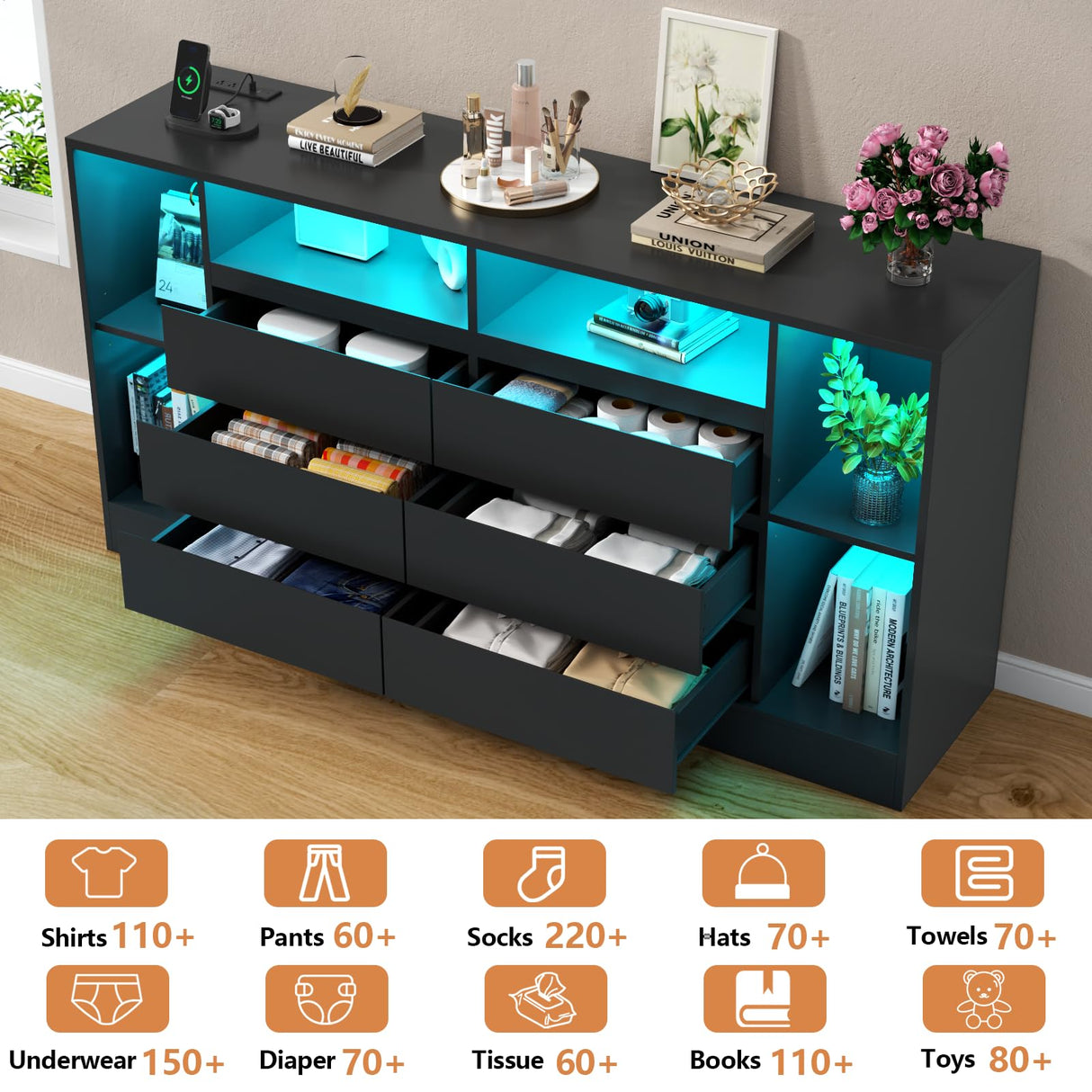 Loomie 6 Drawers Dresser with 6 Open Storage Cubbies, LED Dressers & Chests of Drawers with Power Outlet, 55" Wide Long Dresser for Bedroom, Modern TV Stand with Open Shelf for Living Room (Black) Loomie