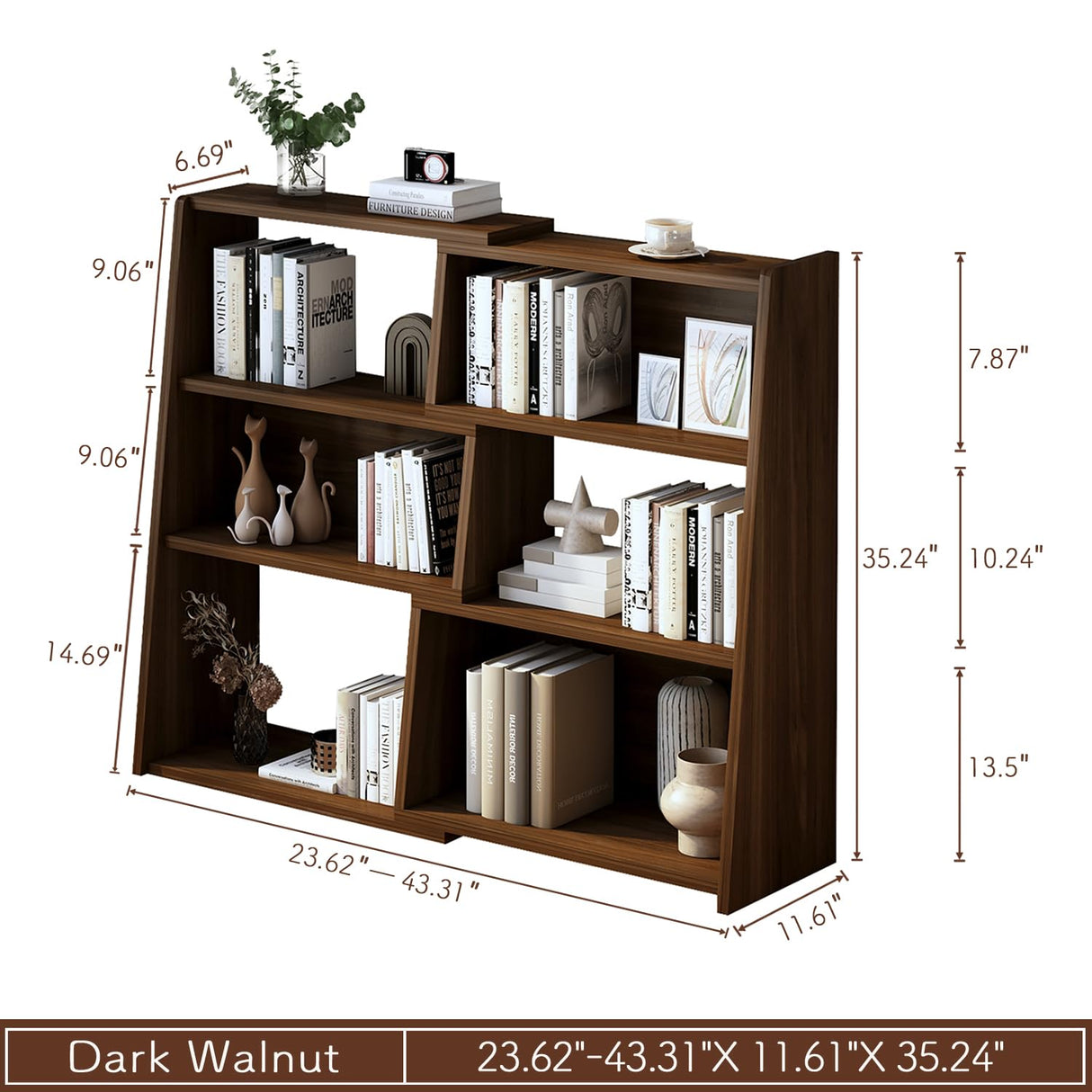 IOTXY Wooden Extendable Shelf Bookcase - 3-Tier Ladder Low Short Bookshelf for Small Space or Corner, Dark Walnut, S IOTXY