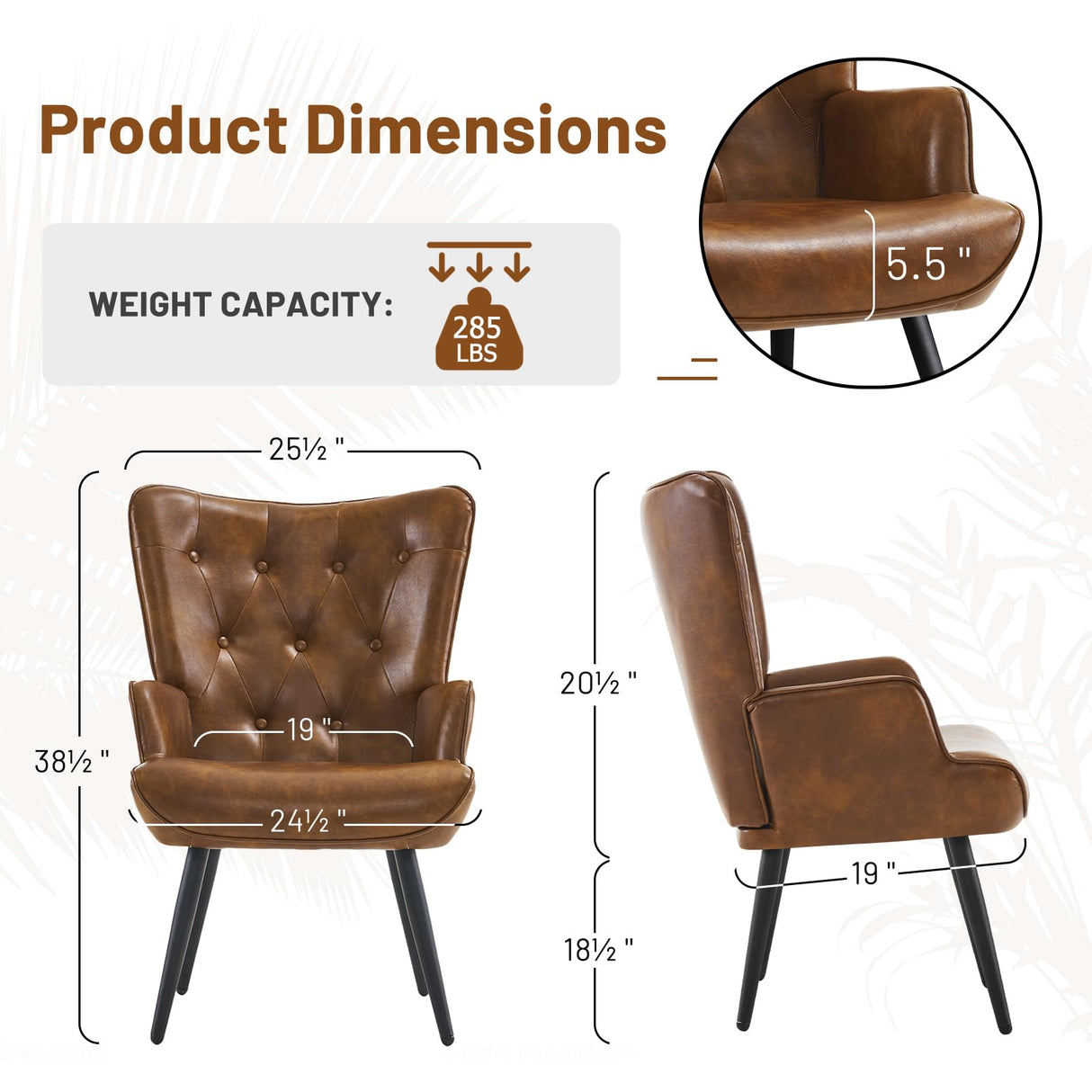 Furniliving PU Leather Accent Chair for Living Room, Upholstered Reading Chair with High Backrest, Tufted-Button Wingback Armchair for Bedroom, Dressing Room, Home Office, Brown Furniliving