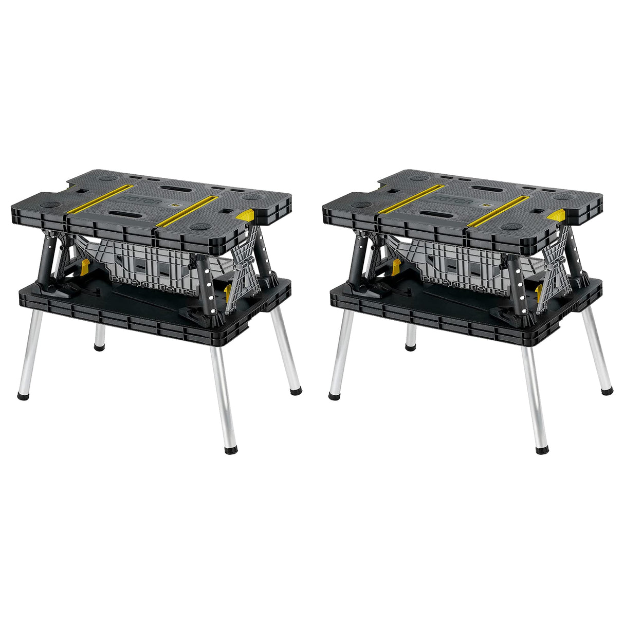 Keter Folding Portable Table Tool Stand Workbench with 2 12" Wood Clamps for Miter Saws, Home Improvement, and Construction, Black & Yellow (2 Pack) Keter