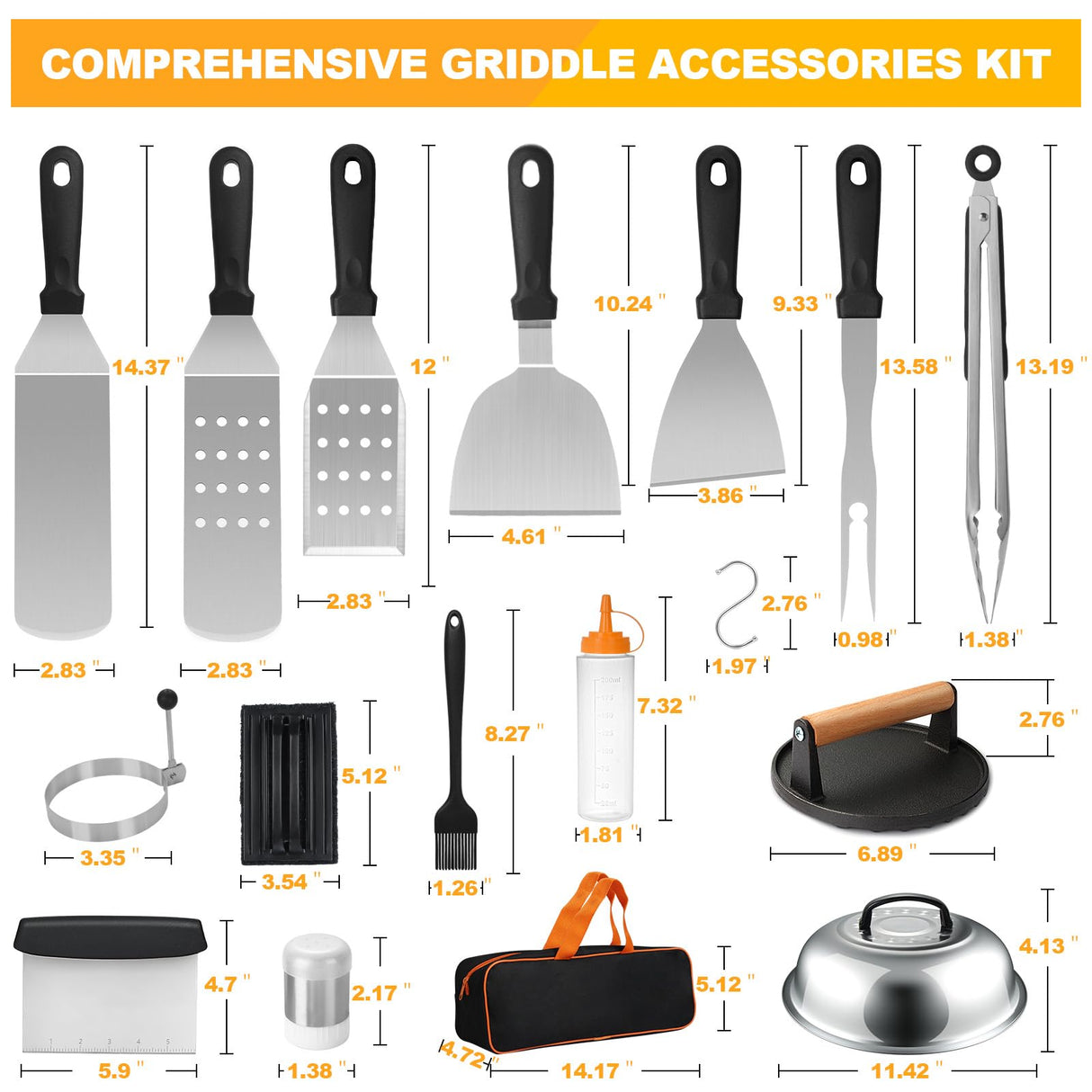 Griddle Accessories Kit, Terlulu 29 PCS Flat Top Grill Accessories for Blackstone and Camp Chef, Metal Spatula Set with Burger Press, Melting Dome, Scraper, Tongs, Carry Bag for Outdoor Grilling BBQ Terlulu