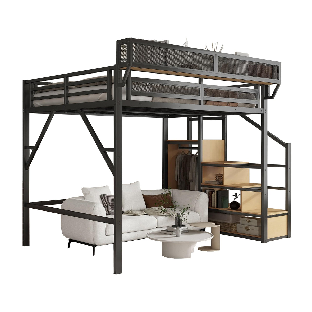 Aurnienofus Queen Size Loft Bed with Stairs and Storage, Metal Loft Bed Frame with Bedside Shelf and Large Under-Bed Space, Heavy-Duty Beds for Adults Teens and Kids, Black Aurnienofus