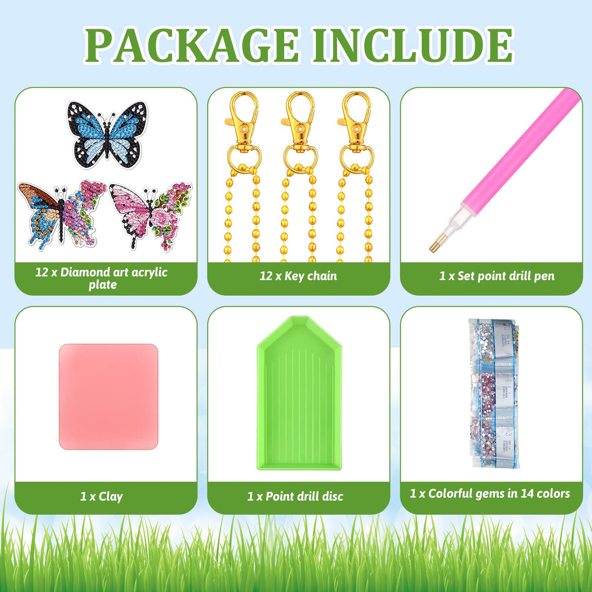 BBTO 12 Pcs Butterfly Diamond Painting Keychains Kit DIY 5D Diamond Art Key Rings Hanging Butterfly Diamond Painting Ornaments Butterflies Diamond Pendants for Spring Summer Beginner Adult Craft BBTO