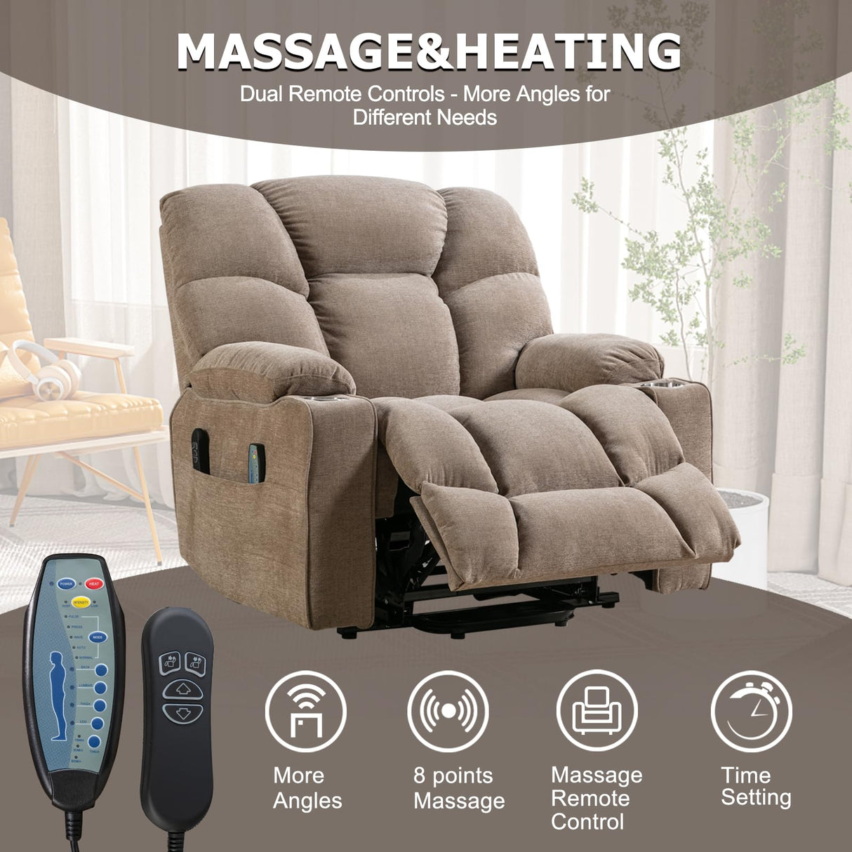 CANMOV Oversized Power Lift Recliner Chair for Elderly, Big and Tall Electric Recliner Chair with Massage and Heating, Dual Motor Heavy Duty Lift Recliner with USB Port, Cup Holders, Pockets, Brown CANMOV
