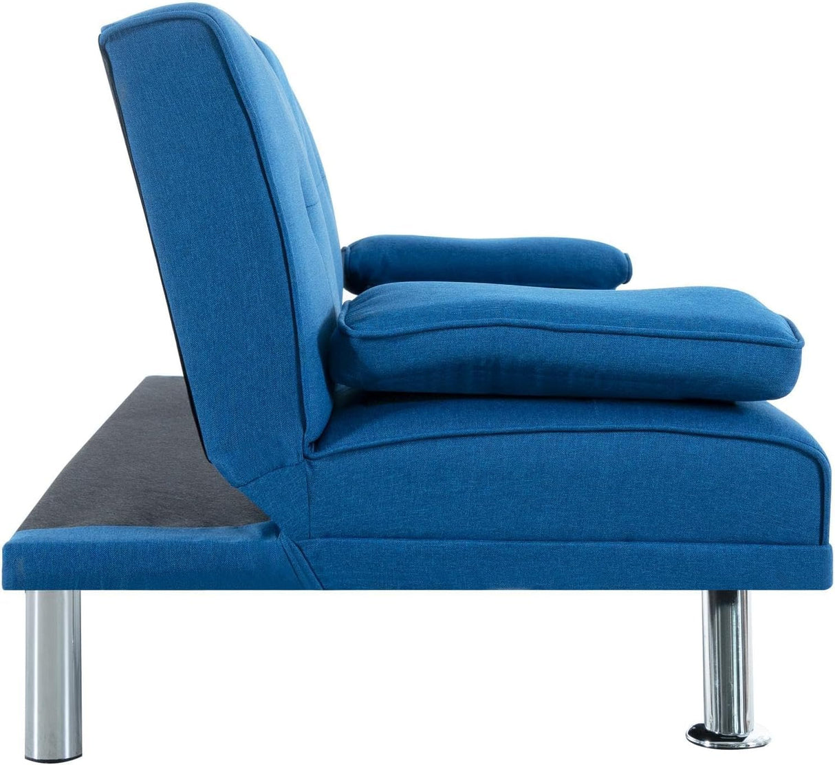 Naomi Home Blue Futon Sofa Bed, Linen Futon Couch with Armrest and 2 Cupholders, Pull Out Sofa Bed Couch with Metal Legs, Reclining Small Couch Bed, Blue Couches for Living Room Naomi Home