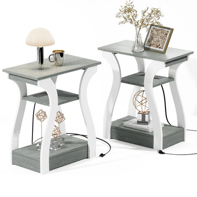 FROMJBEST End Table Set of 2 with Charging Station, Side Table with USB Ports and Outlets, Nightstand, 3 Tier End Table with Storage Shelf for Living Room, Bedroom (Grey Set of 2)
