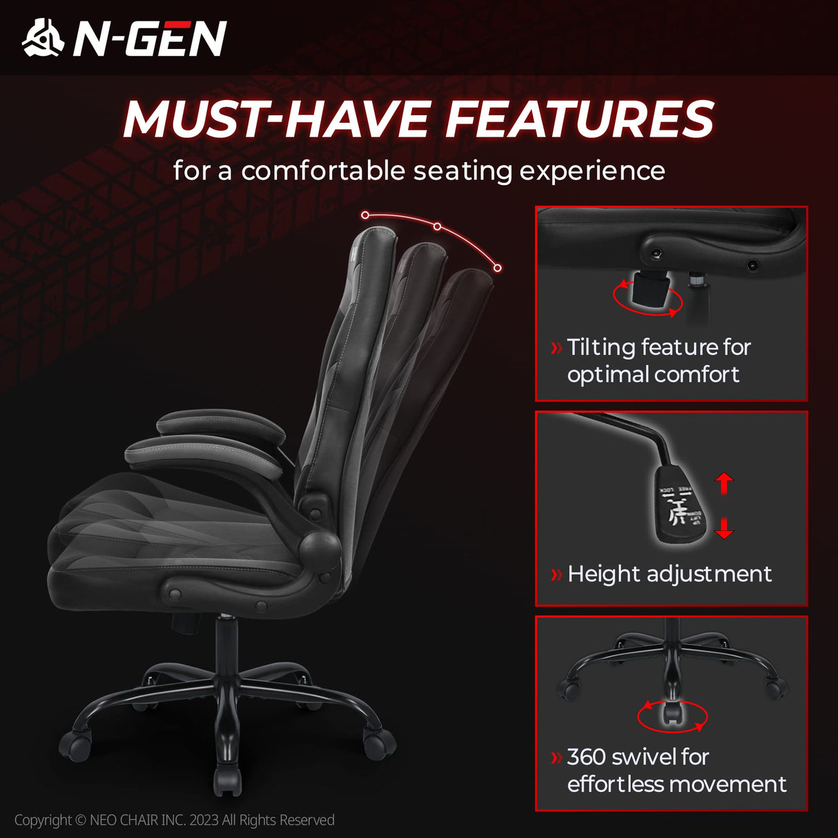N-GEN Video Gaming Computer Chair Ergonomic Office Chair Desk Chair with Lumbar Support Flip Up Arms Adjustable Height Swivel PU Leather Executive with Wheels for Adults Women Men (Grey) NEO CHAIR