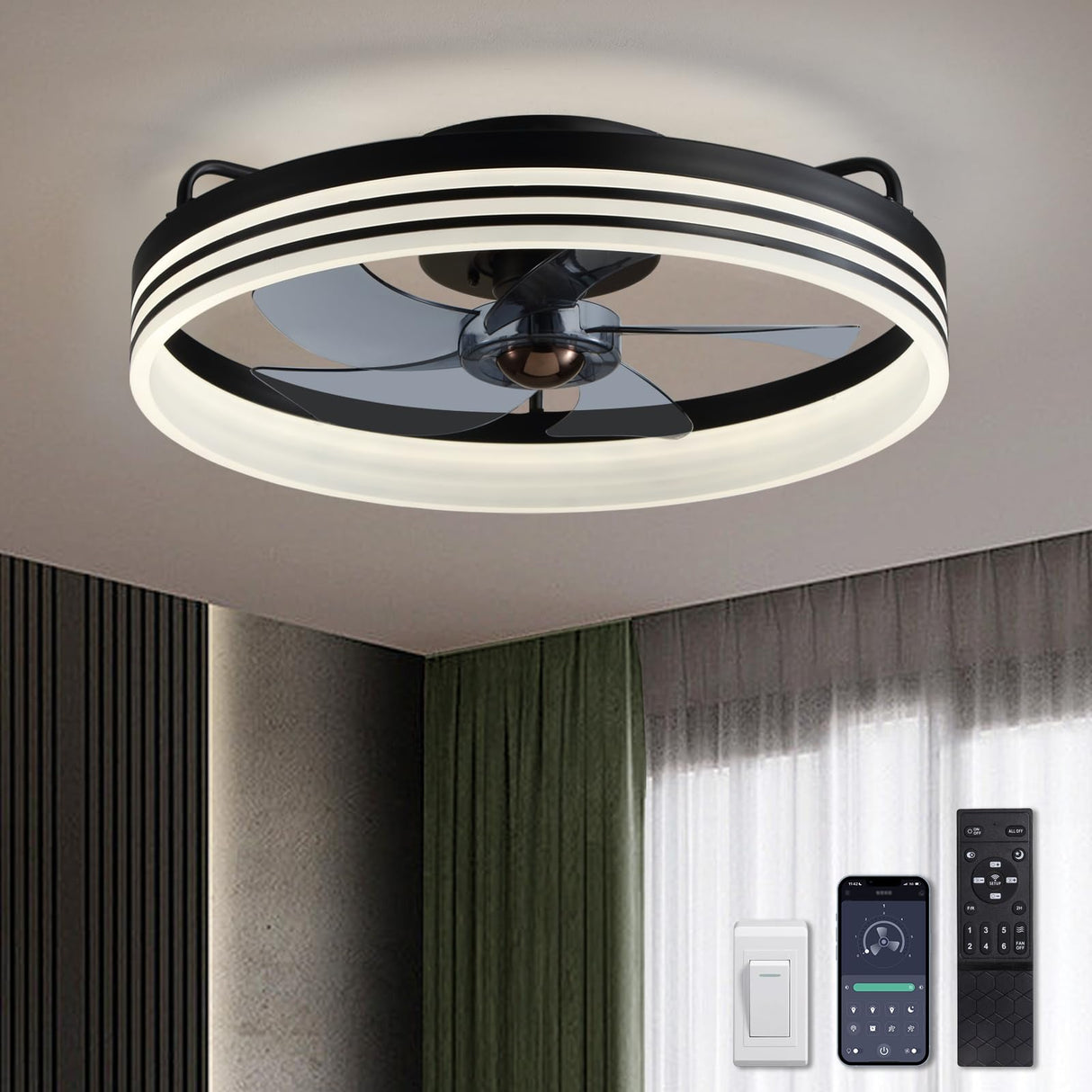 LUDOMIDE Ceiling Fans with Lights, Flush Mount Ceiling Fan with Lights and Remote, 6 Wind Speeds Smart Low Profile Ceiling Fan for Bedroom, Kids Room and Living Room 20" (Black) LUDOMIDE