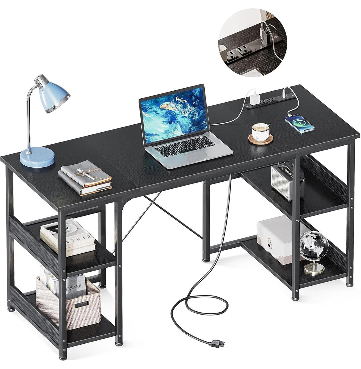 AODK 48 Inch Small Computer Desk with Power Outlets & Type-C, Home Table with Storage Shelves, Student Laptop PC Desks for Small Spaces Home Office Writing Desk, Kids Desk, Black AODK