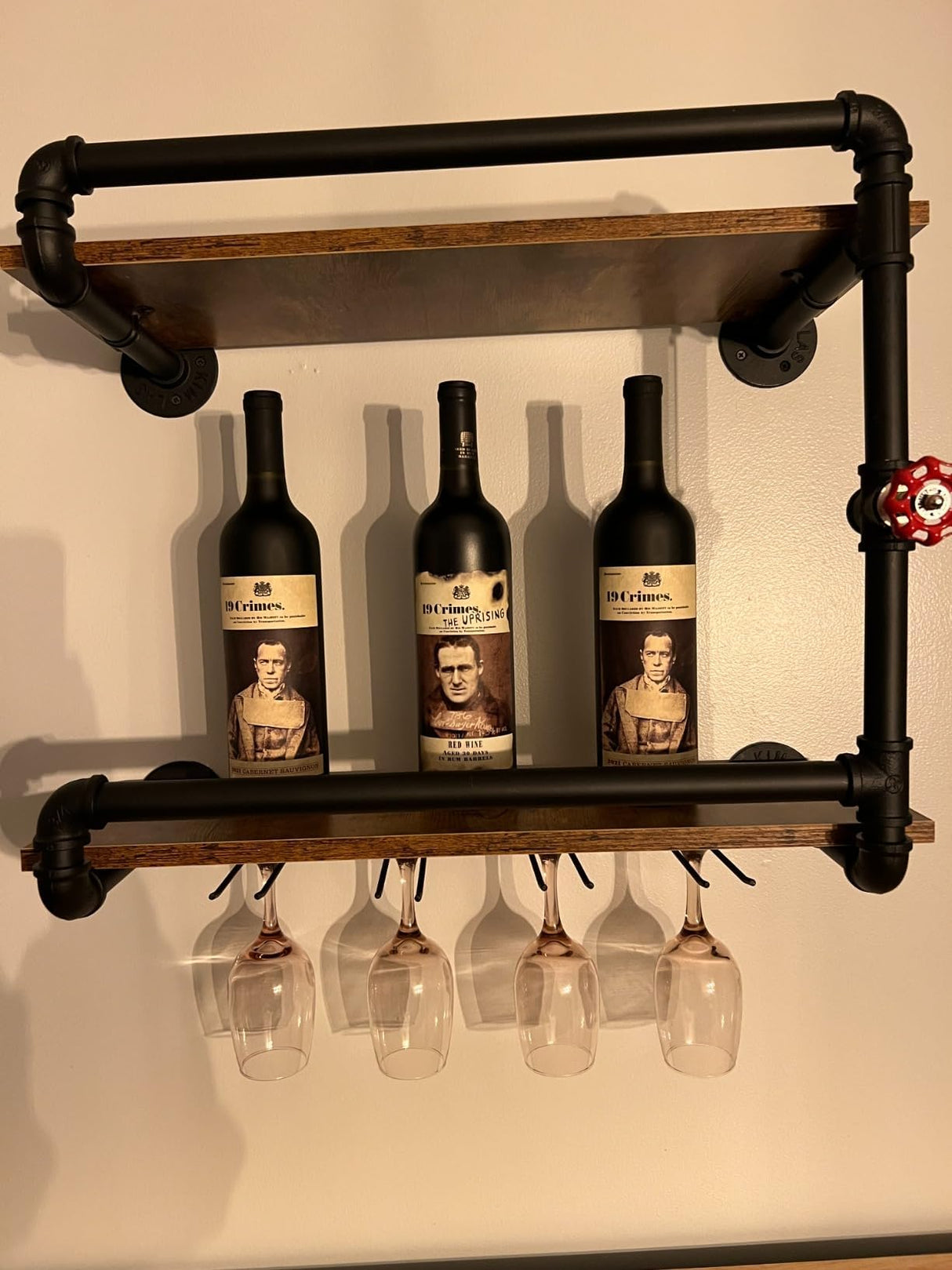 BOTAOYIYI Wine Rack Wall Mounted 2 Tier, Hanging Floating Small Mini Bar Liquor Shelves with Glass Holder Storage Under, Industrial Rustic Pipe Farmhouse Kitchen Decor Black(23.6x10.6x19.7) BOTAOYIYI