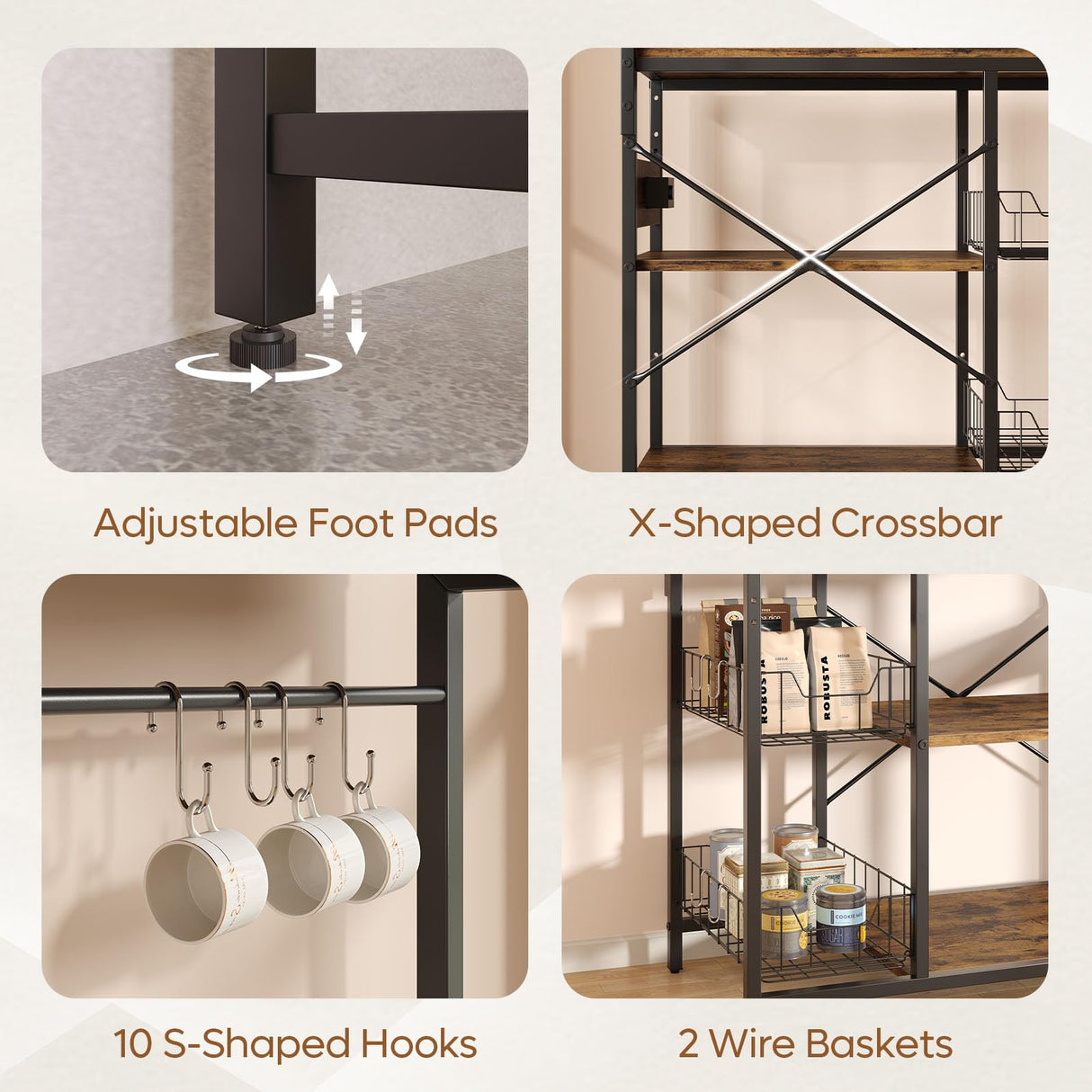 Bestier Rustic Brown 5-Tier Bakers Rack with Power Outlet and Storage Solutions Bestier