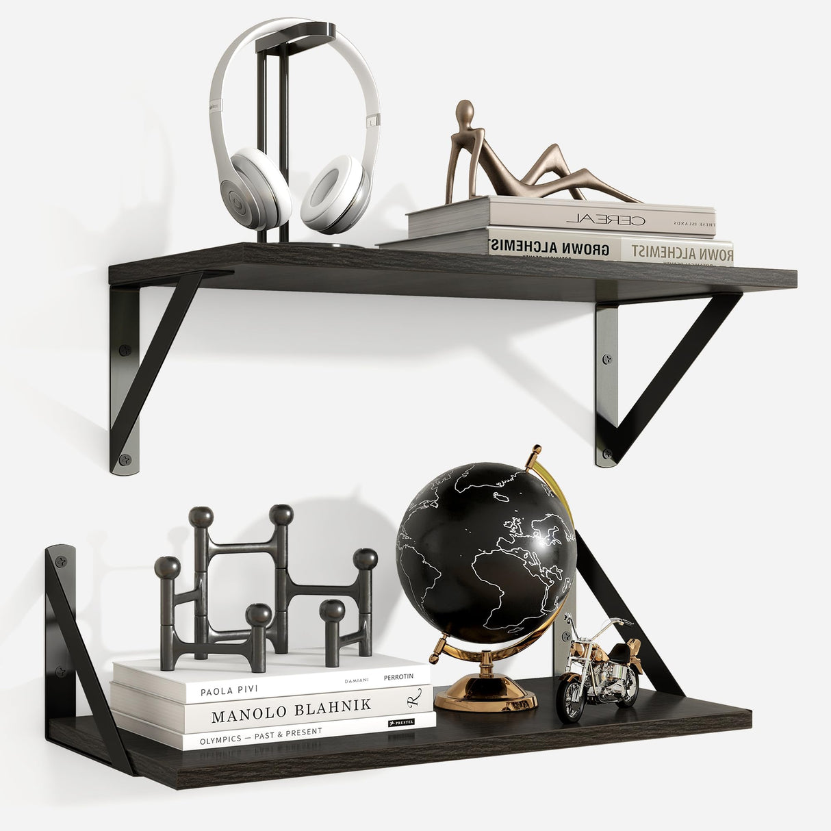 Axeman Floating Shelves for Wall, 8 Inch Deep Black Floating Shelves Set of 2, 16W x 8D Wall Mounted Black Shelves for Bookshelf Living Room Bedroom Home Office Bathroom - Black Axeman