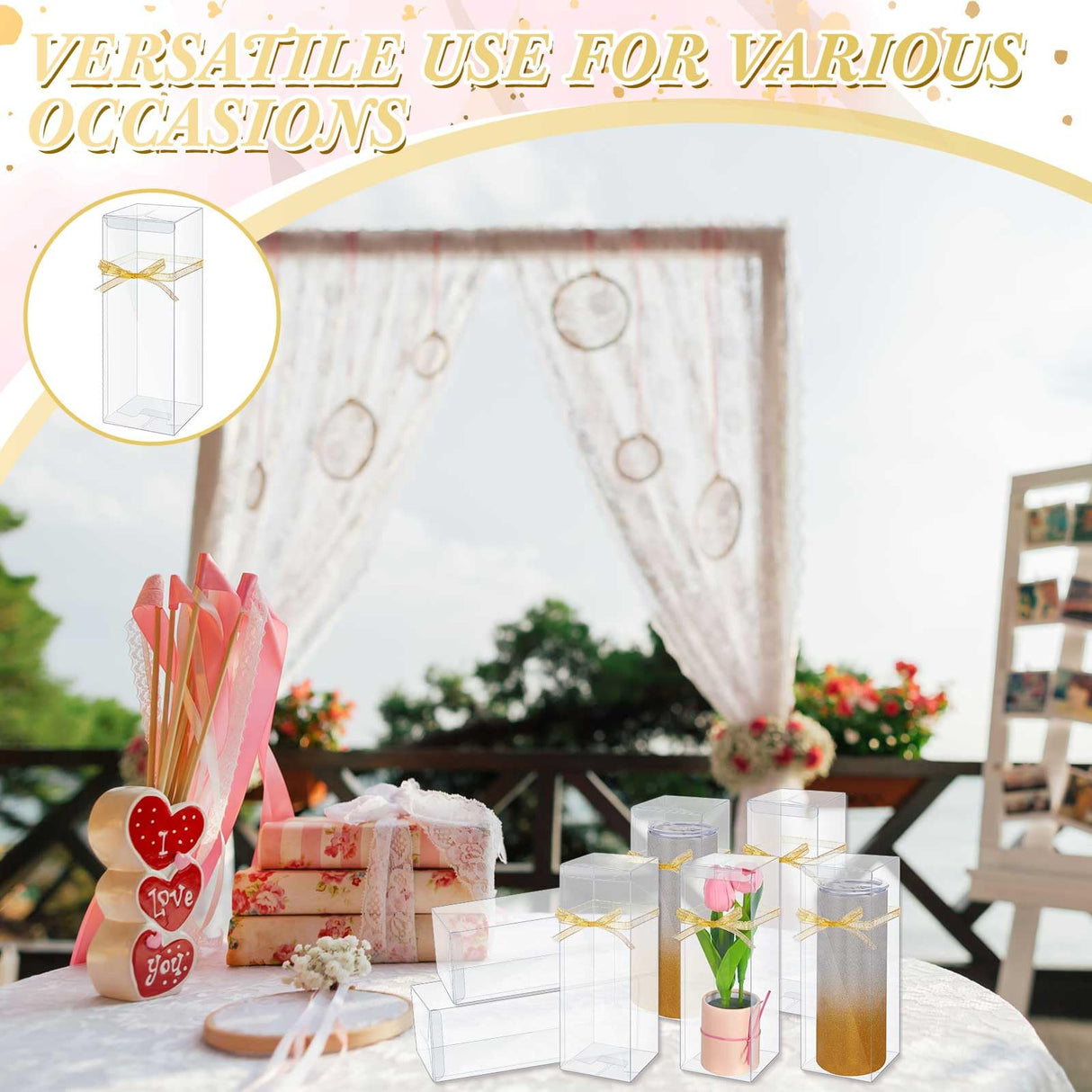 Beeveer 50 Pcs Mug Gift Boxes Clear Tumblers Packaging Box with Ribbon for Sublimation Tumblers Compatible with Stanley 11oz 12oz 15oz 20oz 30oz 40oz(3.3 x 3.3 x 9.8 Inch) Beeveer