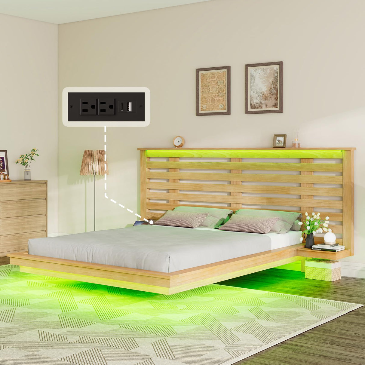 Albott Farmhouse Floating Bed Frame with Extended Headboard, LED Lights & Integrated Charging Station - Natural Oak Albott
