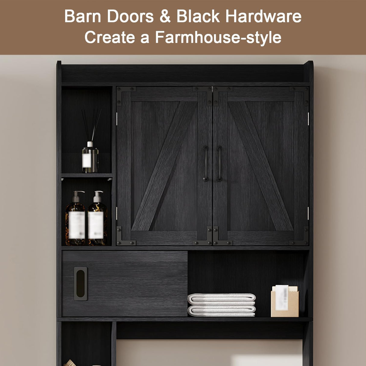 ChooChoo Over The Toilet Storage Cabinet, Farmhouse Bathroom Storage Cabinet with Barn Doors, Sliding Drawer, Adjustable Shelves, Space-Saving, Black ChooChoo